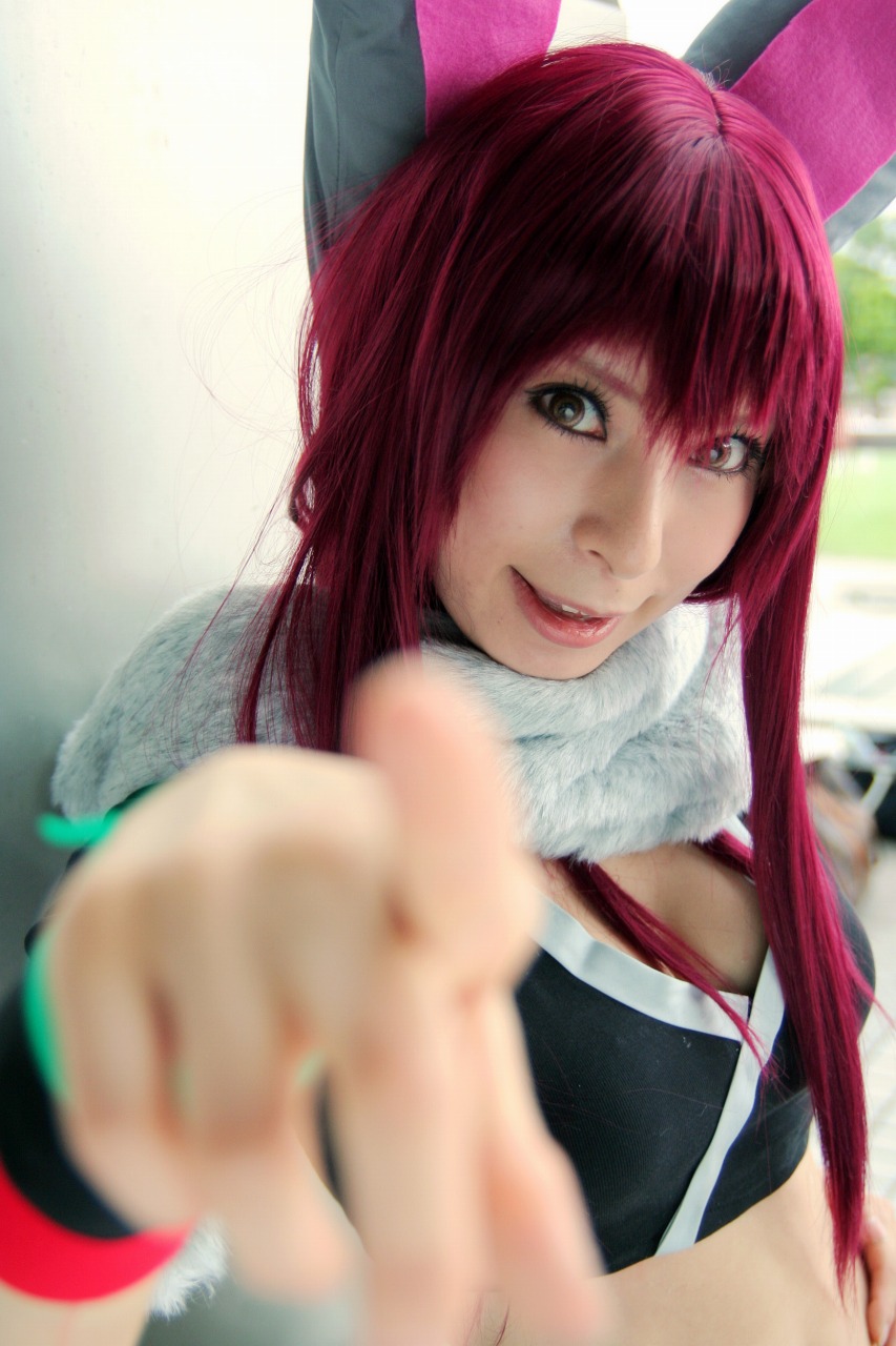 ari (model), shiwasu mina, getsumento heiki miina, highres, photo (medium), animal ears, cosplay, fur trim, midriff, rabbit ears