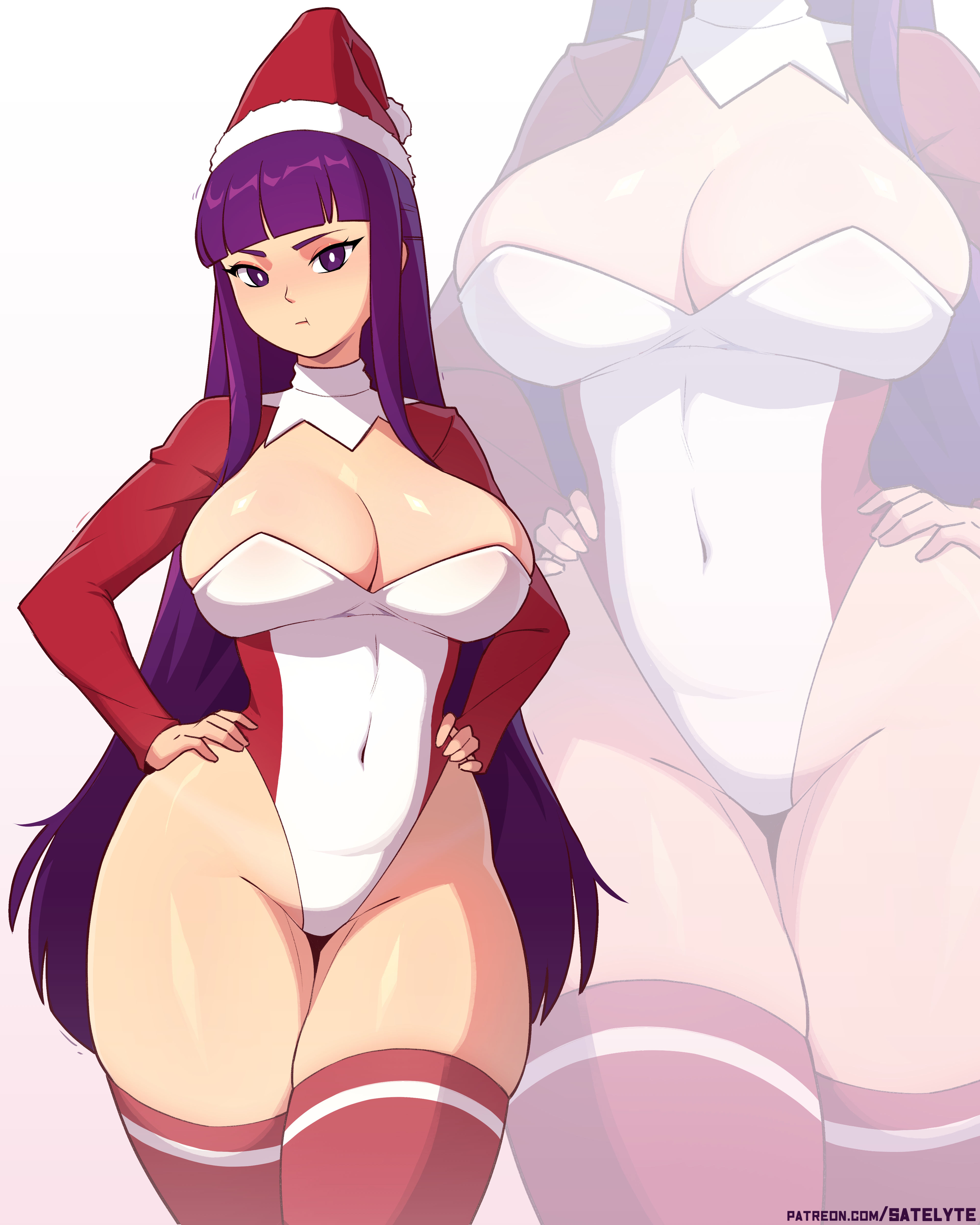 satelyte, fern (sousou no frieren), sousou no frieren, 1girl, bikini tan, blush, breasts, christmas, cleavage, fur-trimmed headwear, fur trim, hands on own hips, hat, highleg, highleg leotard, large breasts, leotard, long hair, long sleeves, looking at viewer, multiple views, pom pom (clothes), pout, purple eyes, purple hair, red shrug, red thighhighs, santa costume, santa hat, shrug (clothing), standing, tan, tanline, thighhighs, white background, white leotard, wide hips