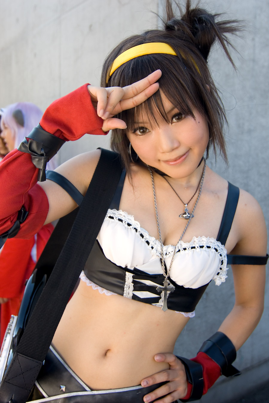 kipi-san, suzumiya haruhi, suzumiya haruhi no yuuutsu, highres, photo (medium), 1girl, asian, belt, breasts, cosplay, elbow gloves, female focus, gloves, guitar, hairband, instrument, looking at viewer, midriff, small breasts, solo, suzumiya haruhi (cosplay)