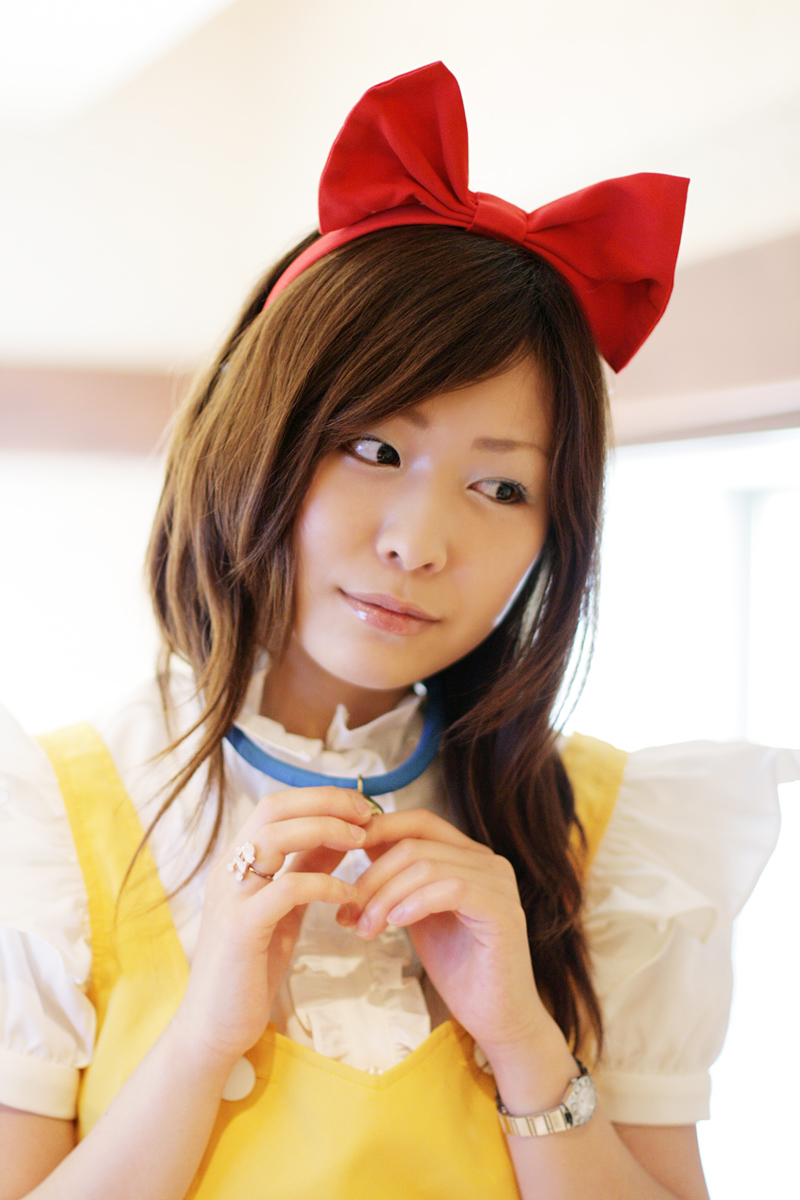 nao, highres, photo (medium), apron, bell, bow, collar, cosplay, hair bow, neck bell, waitress