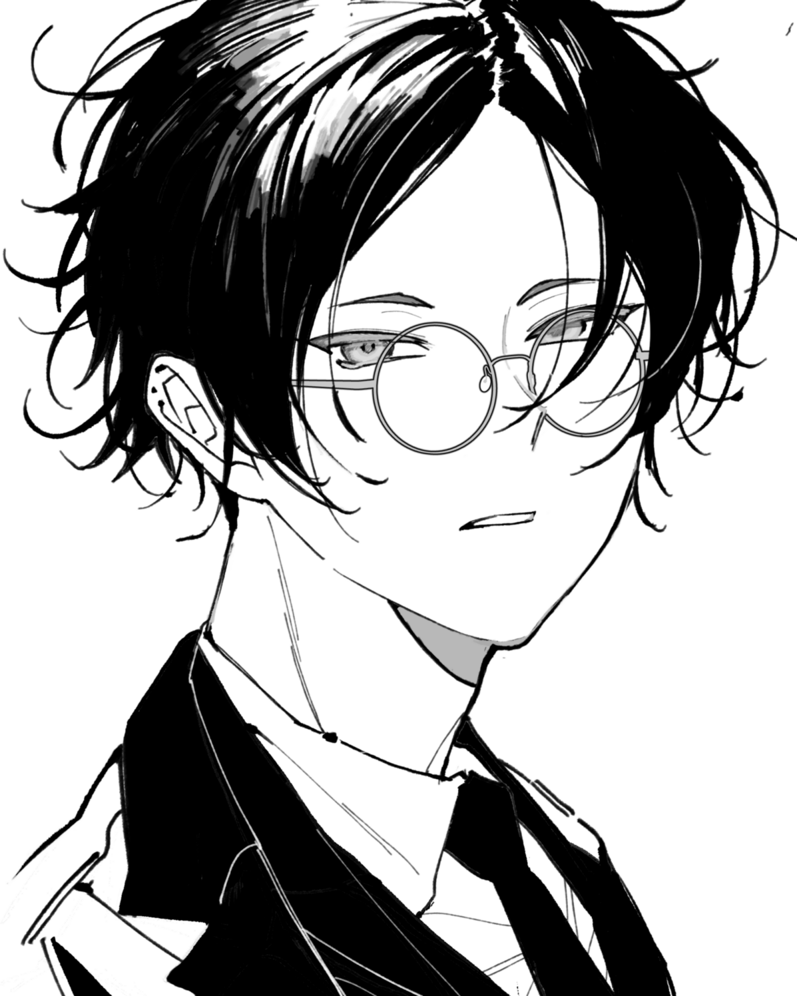 ooe (game), highres, 1boy, aomi (ooe), collared shirt, glasses, greyscale, jacket, lapels, looking at viewer, male focus, monochrome, necktie, notched lapels, parted bangs, parted lips, portrait, round eyewear, shirt, short hair, simple background, solo, w 2557, white background