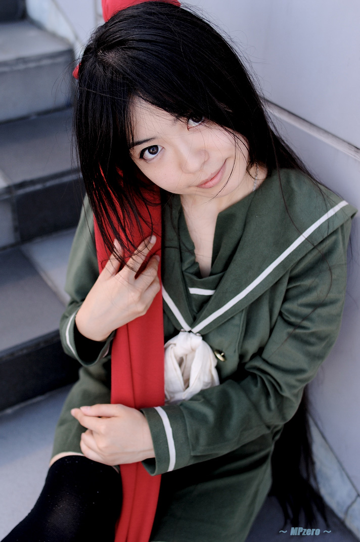 shana, shakugan no shana, photo (medium), cosplay, katana, misumi shoko, red hair, sailor, school uniform, serafuku, sword, thighhighs, weapon