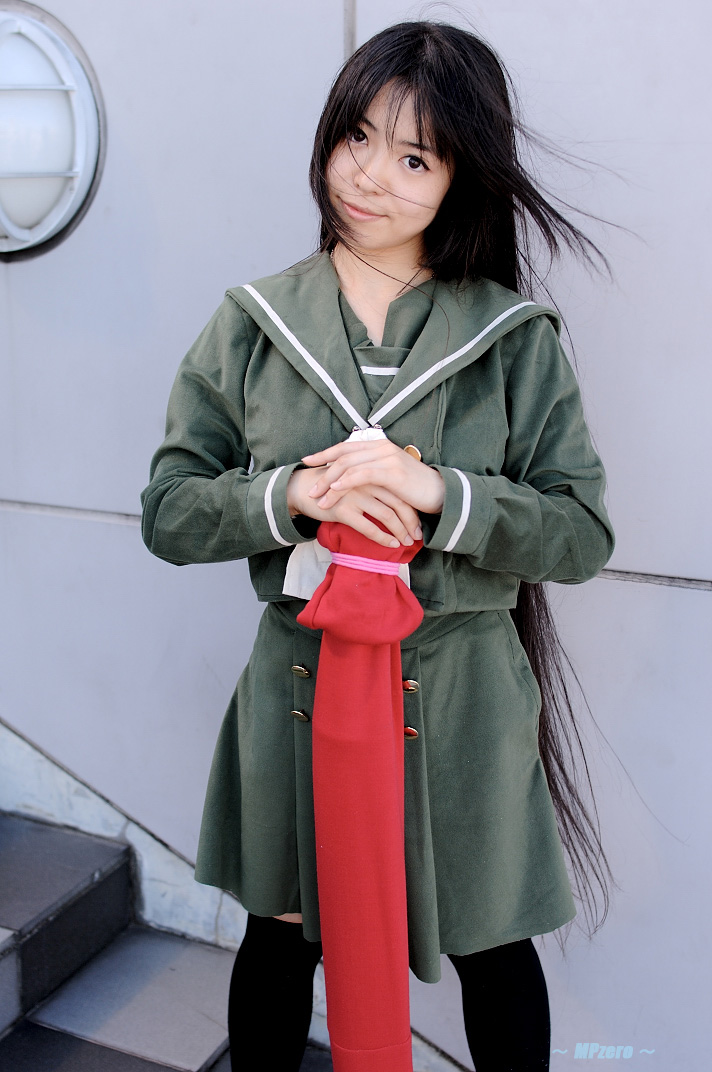 shana, shakugan no shana, photo (medium), cosplay, katana, misumi shoko, red hair, sailor, school uniform, serafuku, sword, thighhighs, weapon