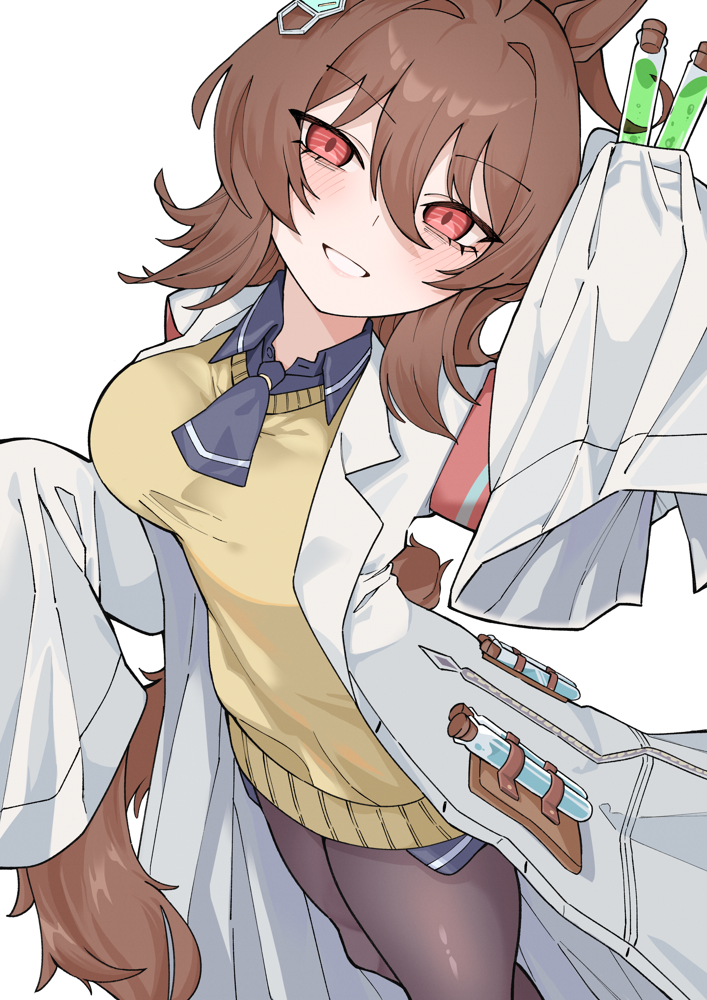 ahti, agnes tachyon (umamusume), umamusume, absurdres, commentary, highres, 1girl, :d, animal ears, ascot, black ascot, black pantyhose, brown hair, brown sweater, collared shirt, cowboy shot, crazy eyes, dress, dutch angle, earrings, hair between eyes, head tilt, holding, holding test tube, horse ears, horse girl, horse tail, jewelry, lab coat, long sleeves, looking at viewer, looking up, medium hair, open mouth, pantyhose, red eyes, shirt, short dress, sidelocks, simple background, sleeves past fingers, sleeves past wrists, smile, solo, standing, sweater, sweater dress, tail, test tube, white background, wide sleeves