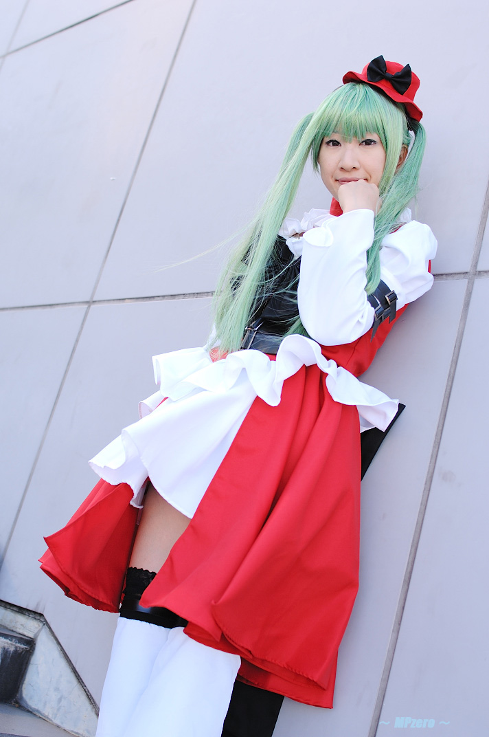 c.c., code geass, natsuki, photo (medium), boots, cosplay, frills, green hair, hat, thighhighs, twintails