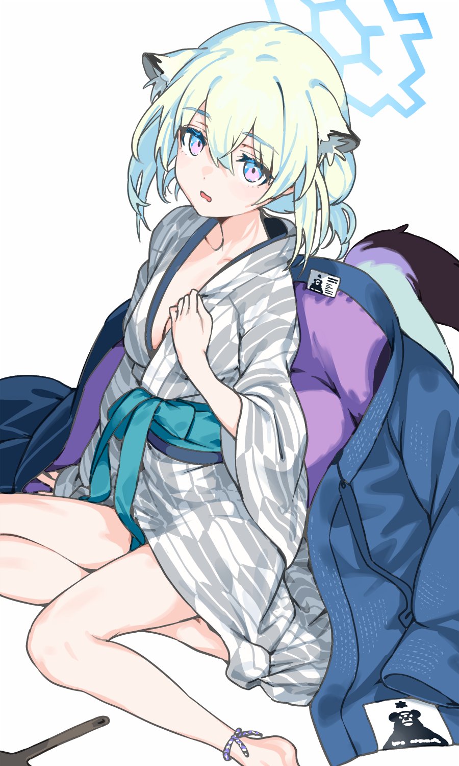 haimura kiyotaka, shigure (blue archive), shigure (hot spring) (blue archive), blue archive, commentary, hashtag-only commentary, highres, 1girl, animal ear fluff, animal ears, anklet, aqua hair, barefoot, bath yukata, blue eyes, blue halo, blue haori, blue sash, breasts, cleavage, collarbone, foot out of frame, grey kimono, hair between eyes, halo, hand fan, hand up, haori, japanese clothes, jewelry, kimono, kimono pull, looking at viewer, medium hair, multicolored eyes, obi, official alternate costume, official alternate hairstyle, open mouth, paper fan, peanut mouth, ponytail, purple eyes, red winter federal academy logo, sash, short ponytail, sidelocks, simple background, sitting, solo, tail, two-tone eyes, uchiwa, unworn haori, weasel ears, weasel girl, weasel tail, white background, yagasuri, yokozuwari, yukata