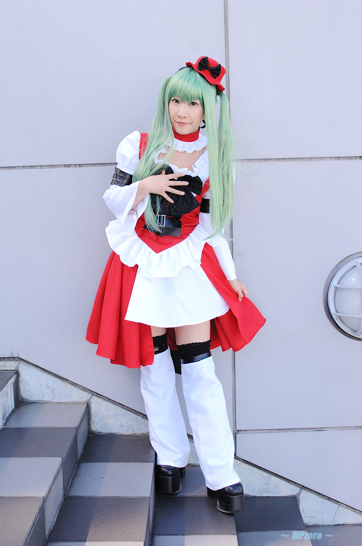 c.c., code geass, natsuki, photo (medium), boots, cosplay, frills, green hair, hat, thighhighs, twintails