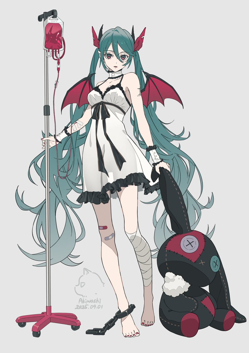 akiwashi, hatsune miku, vocaloid, highres, 1girl, aqua hair, bandaged arm, bandaged leg, bandages, bandaid, bandaid on knee, bandaid on leg, bare shoulders, barefoot, black choker, black ribbon, blood, blood bag, breasts, chain, choker, collarbone, cuffs, demon wings, dress, fingernails, frilled dress, frills, full body, grey background, hair between eyes, handcuffs, holding, holding stuffed toy, intravenous drip, long hair, looking at viewer, medium breasts, nail polish, parted lips, red nails, red wings, ribbon, shackles, short dress, simple background, sleeveless, sleeveless dress, solo, standing, stuffed animal, stuffed rabbit, stuffed toy, toenail polish, toenails, twintails, very long hair, white dress, wings, wrist cuffs
