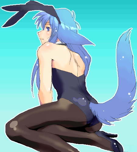 yagisaka seto, follower (yagisaka seto), original, lowres, 1boy, animal ears, black pantyhose, blue eyes, blue hair, crossdressing, crossdressing (mtf), fake animal ears, high heels, leotard, male focus, male playboy bunny, matching hair/eyes, oekaki, pantyhose, playboy bunny, rabbit ears, shoes, solo, strapless, tail, trap