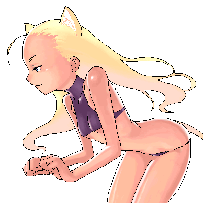 lowres, animal ears, bikini, blonde hair, cat ears, lowleg, lowleg bikini, oekaki, simple background, solo, swimsuit