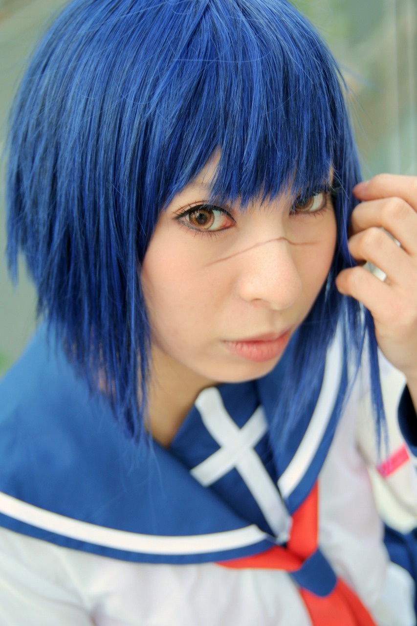 ari (model), tsumura tokiko, busou renkin, highres, photo (medium), blue hair, cosplay, school uniform, serafuku