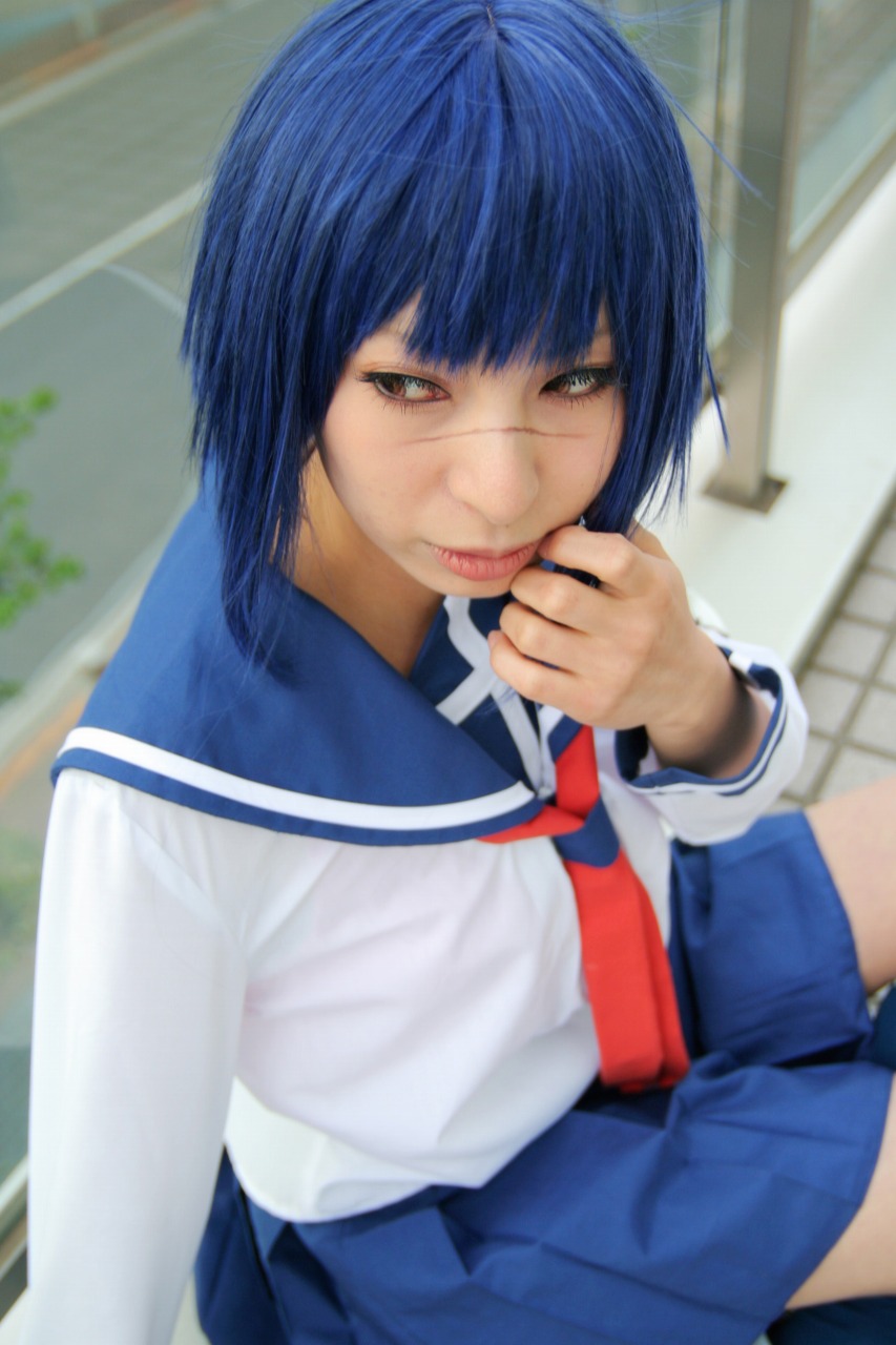 ari (model), tsumura tokiko, busou renkin, highres, photo (medium), blue hair, cosplay, school uniform, serafuku