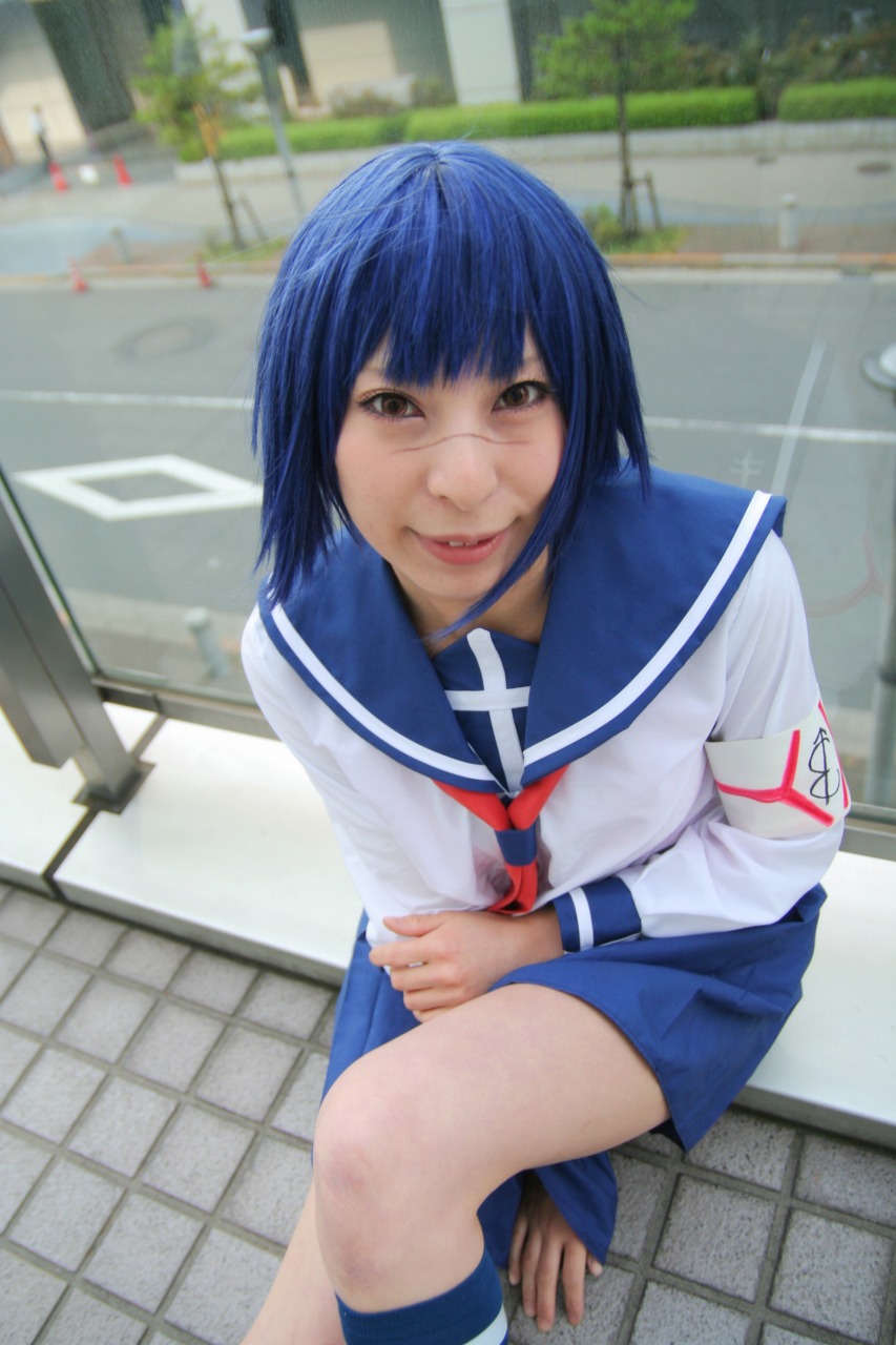 ari (model), tsumura tokiko, busou renkin, highres, photo (medium), blue hair, cosplay, school uniform, serafuku