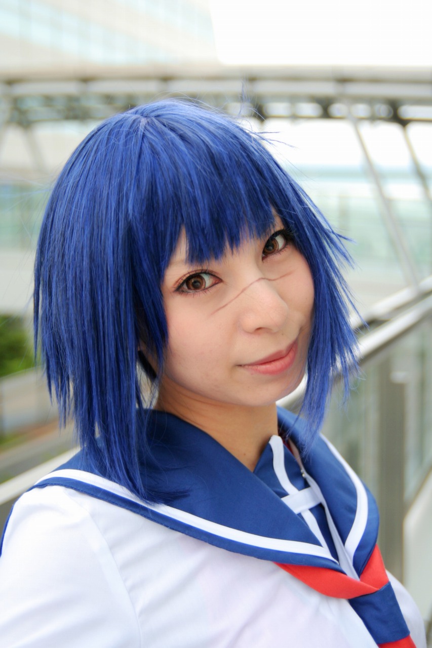 ari (model), tsumura tokiko, busou renkin, highres, photo (medium), blue hair, cosplay, school uniform, serafuku