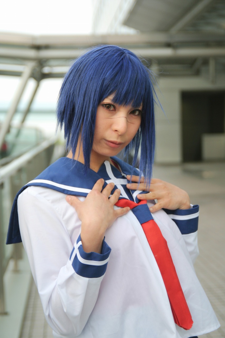 ari (model), tsumura tokiko, busou renkin, highres, photo (medium), blue hair, cosplay, school uniform, serafuku