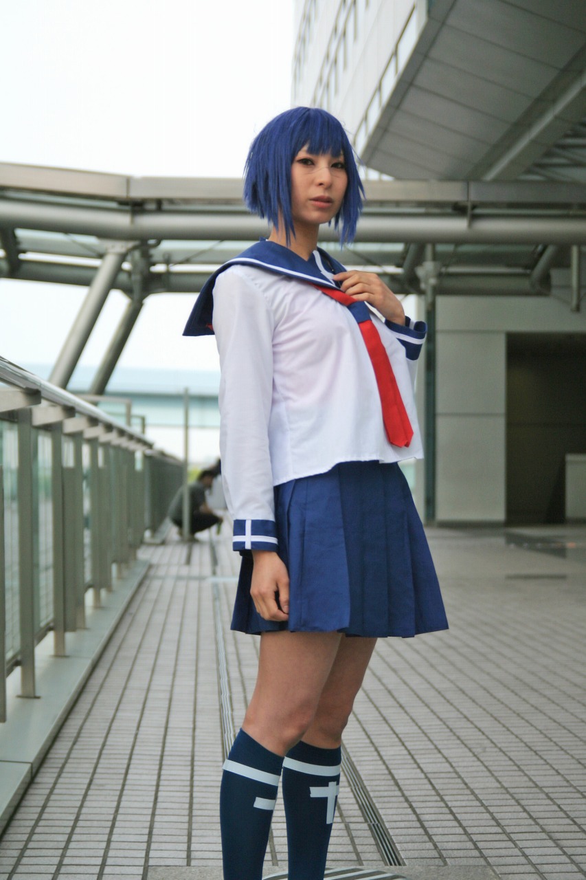 ari (model), tsumura tokiko, busou renkin, highres, photo (medium), blue hair, cosplay, kneehighs, school uniform, serafuku, socks