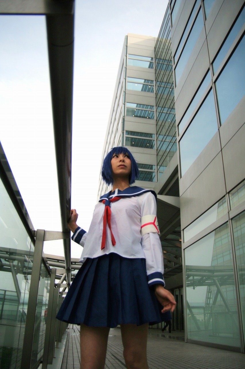 ari (model), tsumura tokiko, busou renkin, highres, photo (medium), blue hair, cosplay, school uniform, serafuku