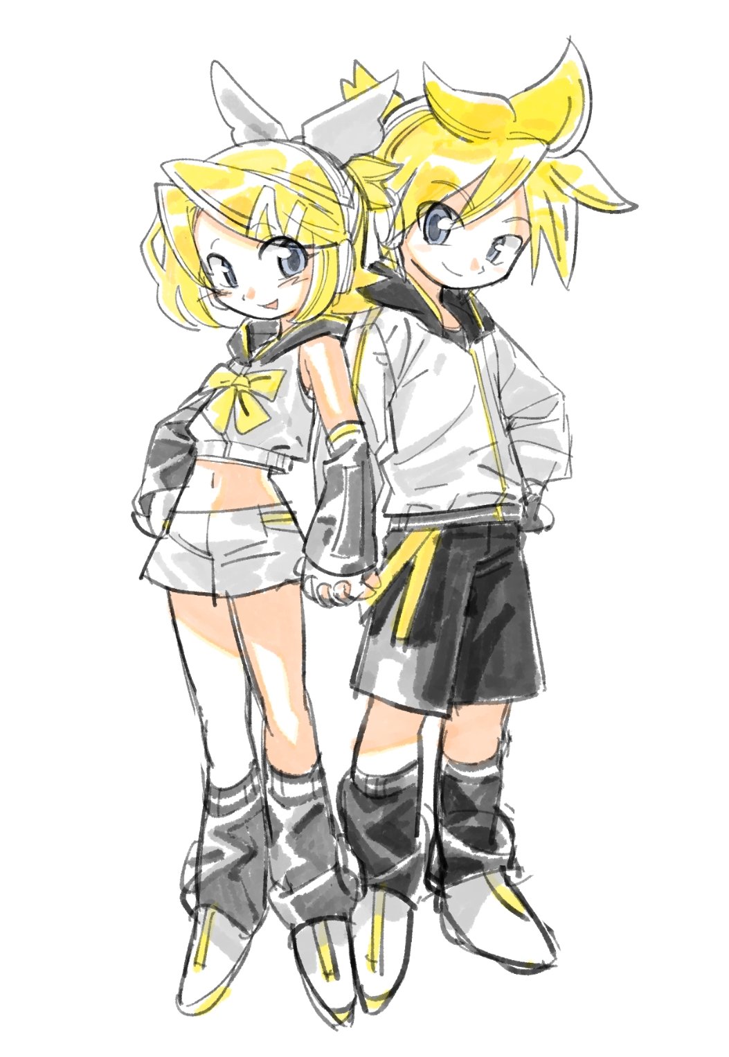 kagamine len, kagamine rin, vocaloid, highres, 1boy, 1girl, blonde hair, blush, bow, closed mouth, crop top, d0mo16, detached sleeves, grey eyes, hair ornament, hairclip, headphones, headset, leg warmers, midriff, navel, ponytail, ribbon, shirt, shoes, short hair, short ponytail, shorts, simple background, smile, white background