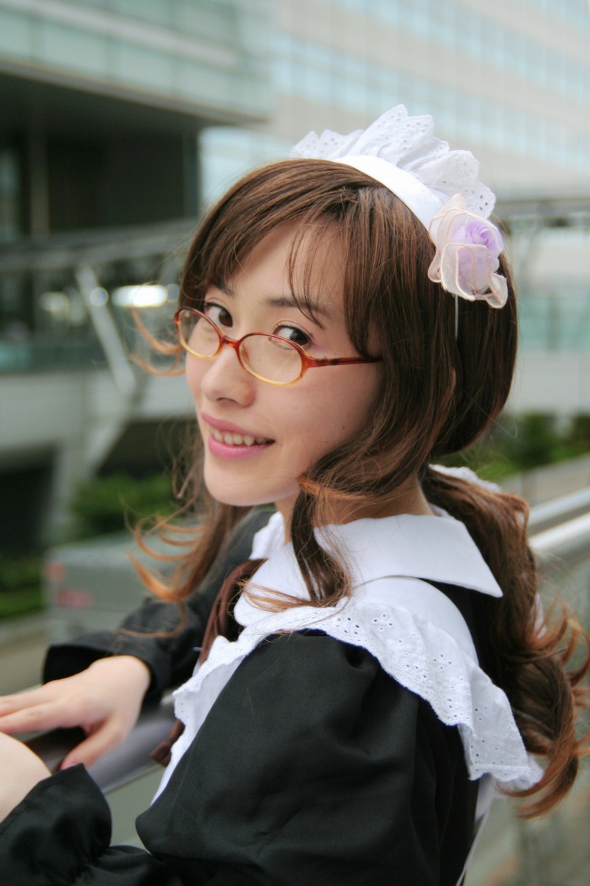 character request, highres, photo (medium), source request, ai, apron, cosplay, glasses, maid, maid apron