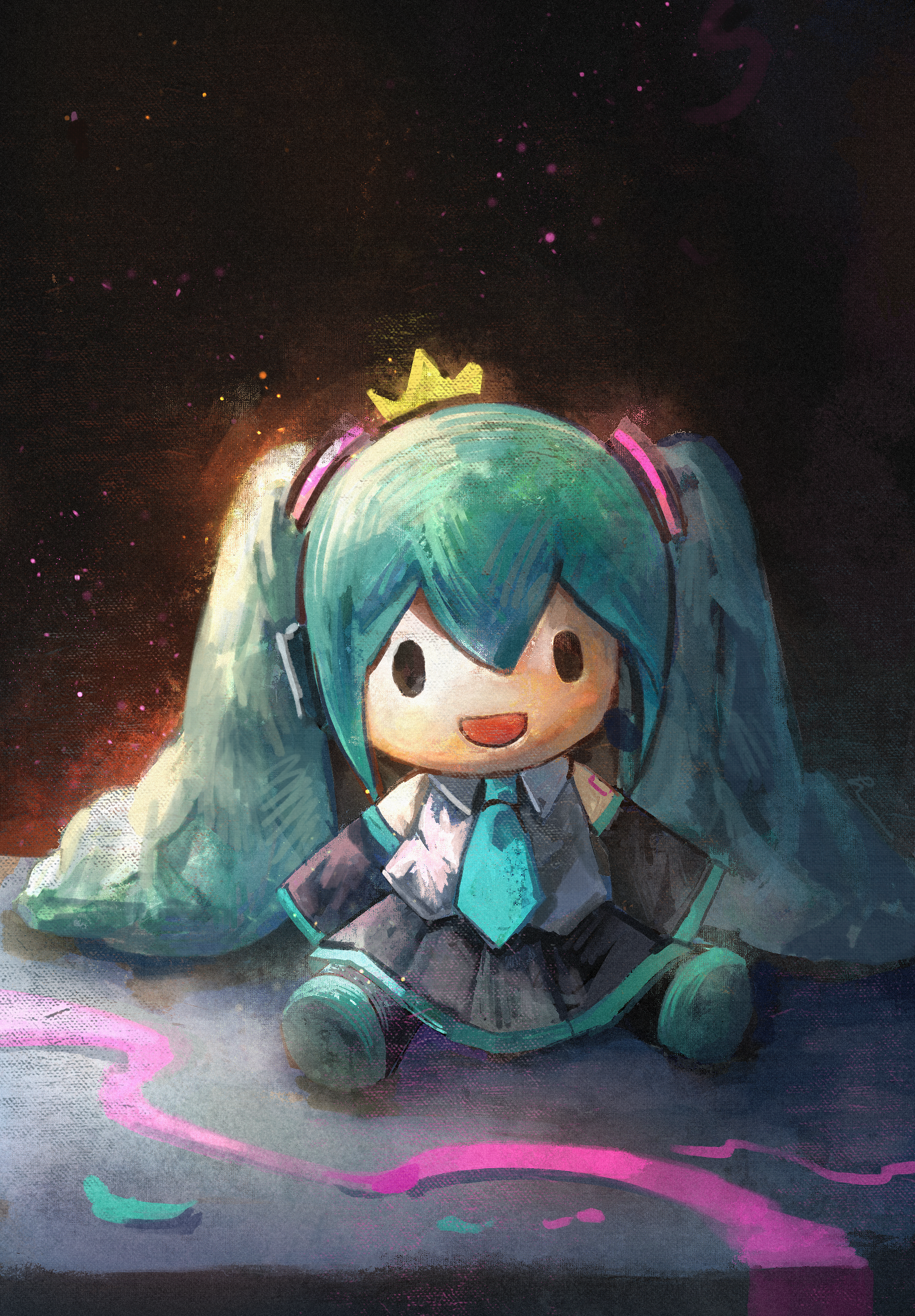 fuwapuchi, ge dazuo, hatsune miku, vocaloid, chinese commentary, commentary request, highres, 1girl, :d, bare shoulders, black background, black skirt, black sleeves, black thighhighs, blue hair, blue necktie, chibi, chibi only, collared shirt, detached sleeves, full body, grey shirt, long hair, long sleeves, looking at viewer, necktie, number tattoo, open mouth, pleated skirt, shirt, shoulder tattoo, sitting, skirt, sleeveless, sleeveless shirt, smile, solo, tattoo, thighhighs, twintails, | |