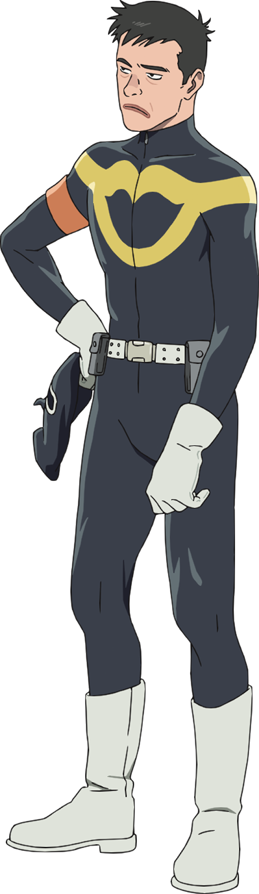 fujita shigeru, ganglion, highres, official art, 1boy, anime coloring, armband, balaclava, belt, belt pouch, black bodysuit, black eyes, black hair, black mask, bodysuit, closed mouth, full body, gloves, hand on own hip, holding, holding mask, isobe kenji, lips, long hair, looking at viewer, mask, orange armband, pouch, short hair, simple background, skin tight, solo, standing, tachi-e, thick eyebrows, transparent background, turtleneck, turtleneck bodysuit, two-tone bodysuit, unworn mask, very long hair, white belt, white gloves