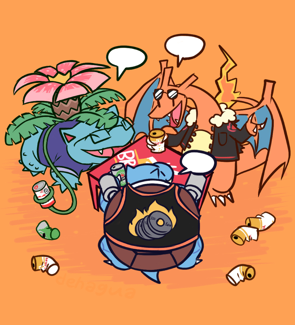 blastoise, charizard, venusaur, brahma (beer), budweiser, heineken, nintendo, pokemon, portuguese commentary, beer can, black jacket, blank speech bubble, blue shirt, can, cannon, claws, clothed pokemon, dehagua, dragon, drink can, fangs, fire, flame-tipped tail, flower, full body, gen 1 pokemon, glasses, holding, itaipava, jacket, no humans, open mouth, plant, pokemon (creature), shirt, shoulder cannon, sleeveless, sleeveless shirt, smile, speech bubble, standing, starter pokemon trio, sunglasses, tail, turtle, vines
