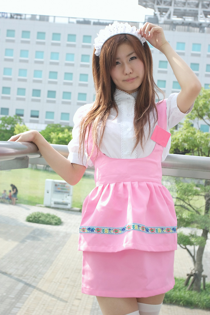 adachi mikki, anna miller, photo (medium), 1girl, apron, asian, brown hair, cosplay, dyed hair, female focus, looking at viewer, outdoors, solo, thighhighs, waitress, waitress uniform, white thighhighs, zettai ryouiki