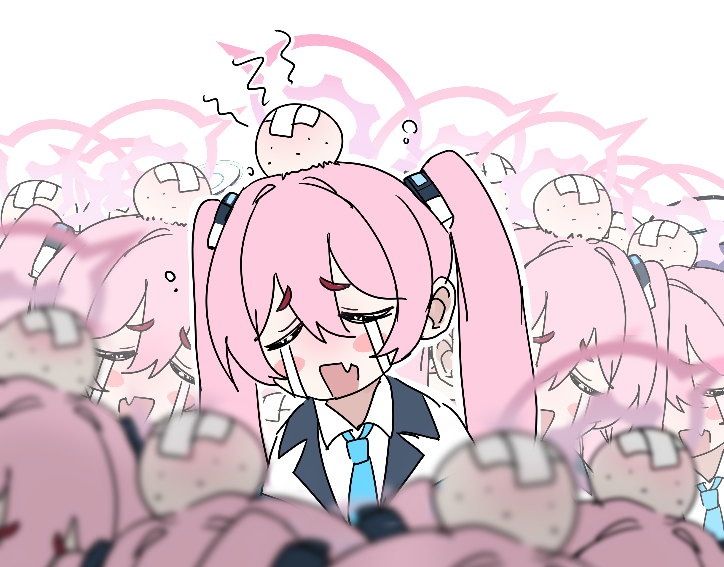 kyarupunch, koyuki (blue archive), blue archive, commentary, highres, symbol-only commentary, 6+girls, bandaid, blue archive 2025 hack, blue necktie, blurry, blush stickers, closed eyes, collared shirt, crying, depth of field, double-parted bangs, facing viewer, fang, furrowed brow, hair between eyes, halo, head bump, long hair, multiple girls, necktie, open mouth, outline, pink halo, sad, school uniform, shirt, simple background, skin fang, squiggle, streaming tears, tears, thick eyebrows, twintails, upper body, very long hair, white background, white outline, white shirt