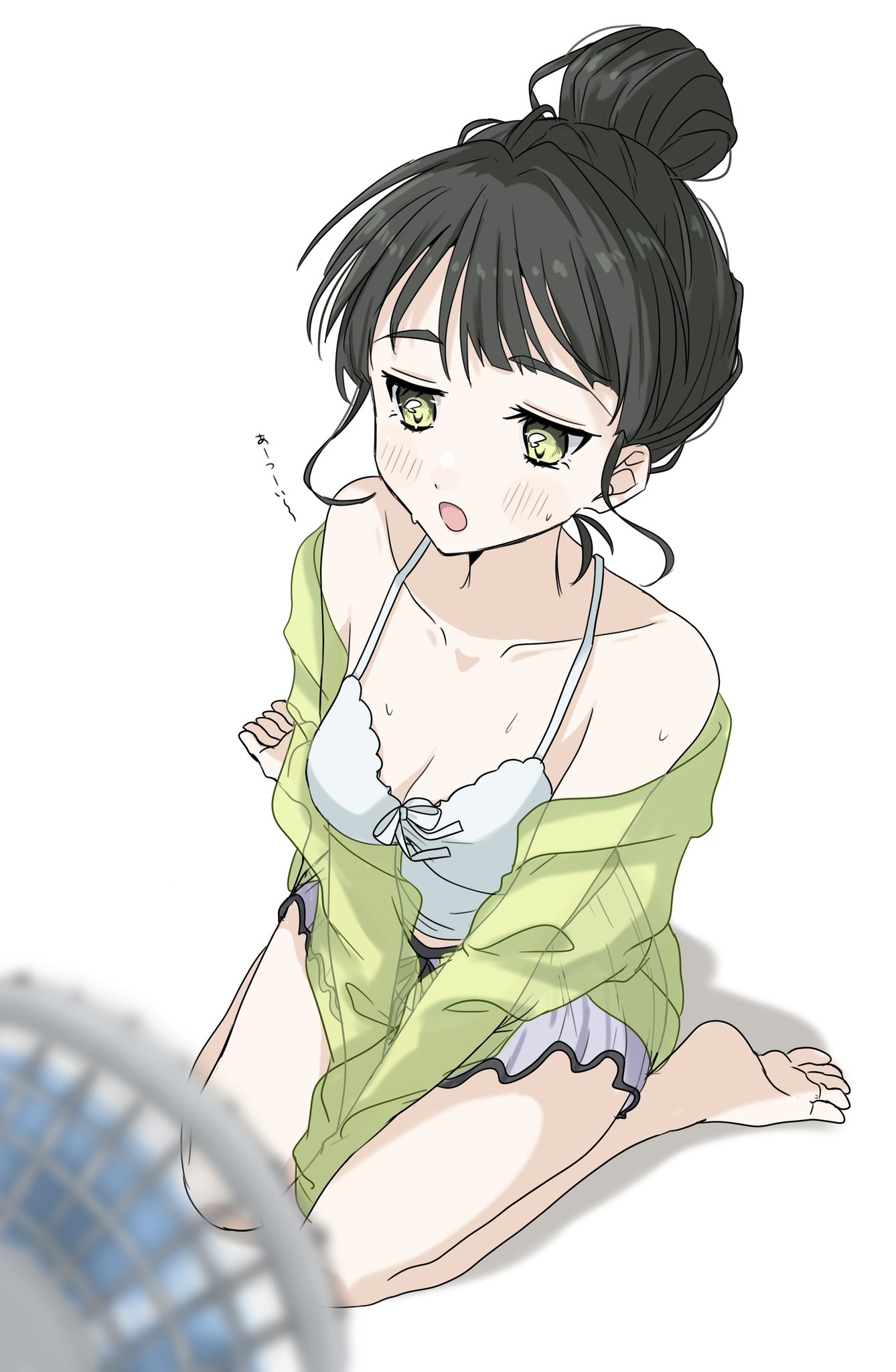 natsu (natsukikenken), momose ginko, link! like! love live!, love live!, commentary request, highres, 1girl, :o, bare shoulders, black hair, breasts, camisole, cardigan, cleavage, collarbone, electric fan, feet, frilled skirt, frills, green cardigan, green eyes, hair bun, hot, medium breasts, miniskirt, momose ginko (sleepover at ginko's), off shoulder, official alternate costume, open mouth, purple skirt, see-through cardigan, see-through clothes, short hair, sidelocks, simple background, single hair bun, sitting, skirt, soles, solo, sweat, toes, virtual youtuber, wariza, white background, white camisole