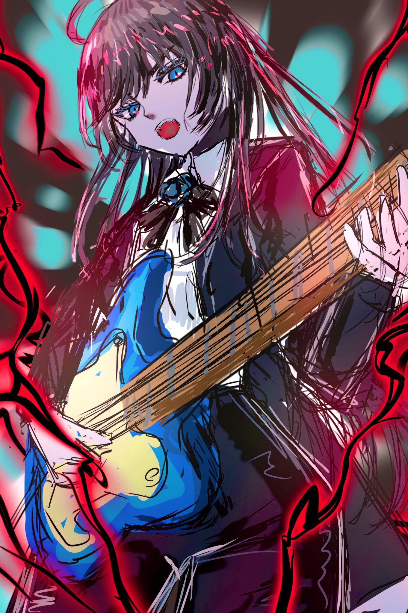 chando (ado), ado (utaite), commentary request, highres, 1girl, ahoge, black hair, blue eyes, electric guitar, fukase (ki16d6rjic81961), guitar, gyakkou (song), holding, holding guitar, holding instrument, instrument, lightning, long hair, long sleeves, open mouth, solo, teeth, upper teeth only, utaite