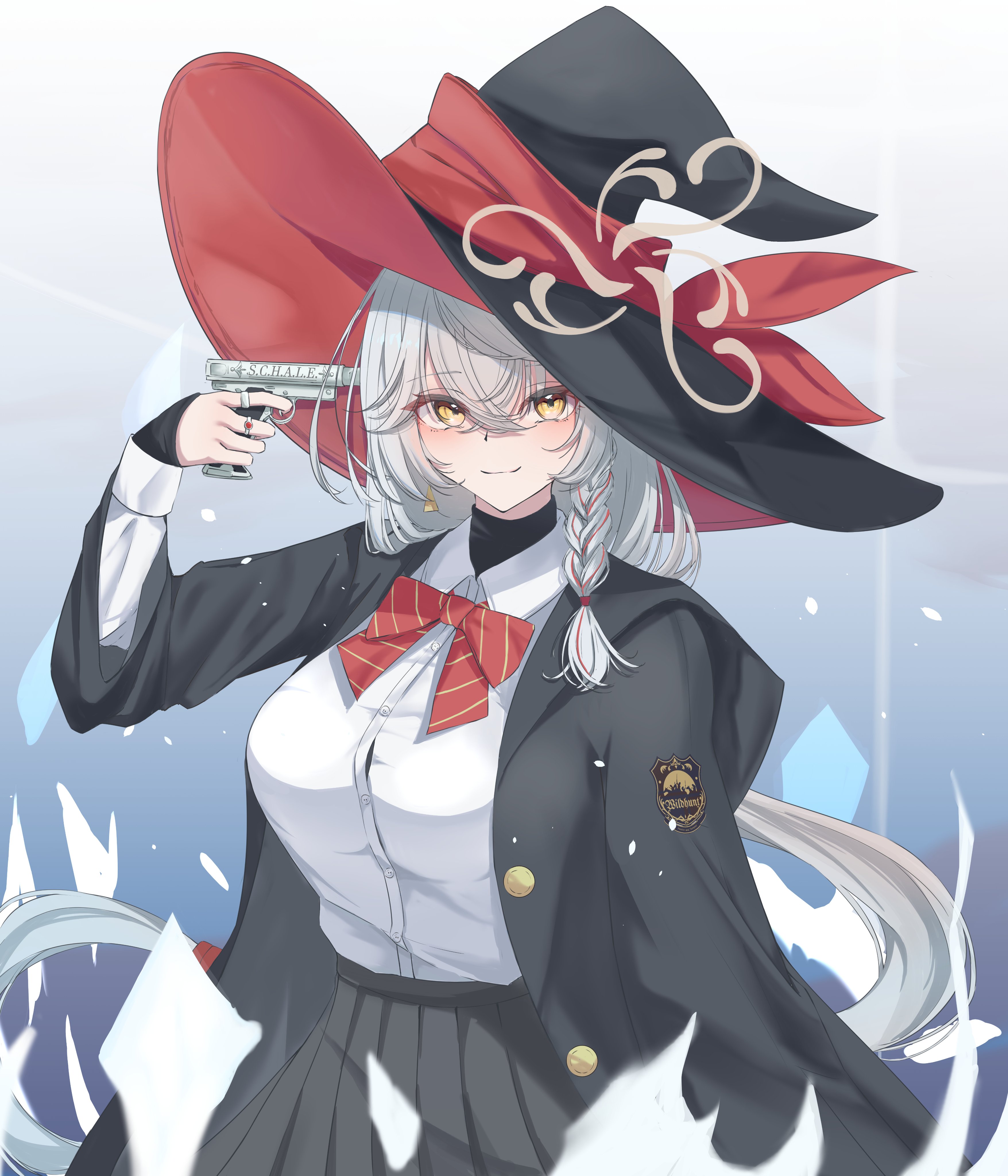 toorisugari no dechikou, eri (blue archive), blue archive, absurdres, commentary request, highres, weapon request, 1girl, black jacket, blush, bow, bowtie, braid, breasts, dress shirt, gradient background, gun to head, hair between eyes, hat, jacket, large breasts, large hat, light particles, long hair, open clothes, open jacket, red bow, red bowtie, shirt, single braid, smile, solo, upper body, very long hair, white hair, white shirt, witch hat, yellow eyes