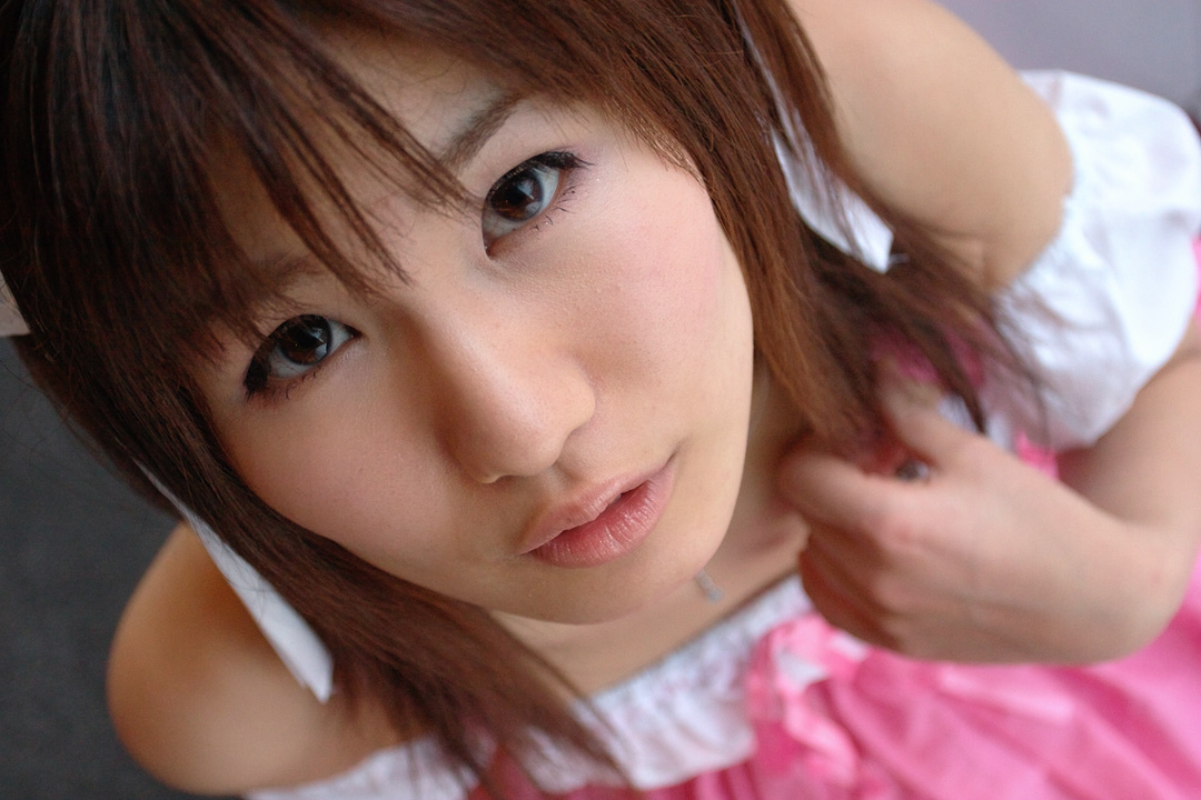 adachi mikki, photo (medium), 1girl, asian, bare shoulders, blurry, brown hair, depth of field, dress, dyed hair, female focus, from above, hair ribbon, hairband, indoors, jewelry, looking at viewer, necklace, parted lips, ribbon, solo, waitress uniform