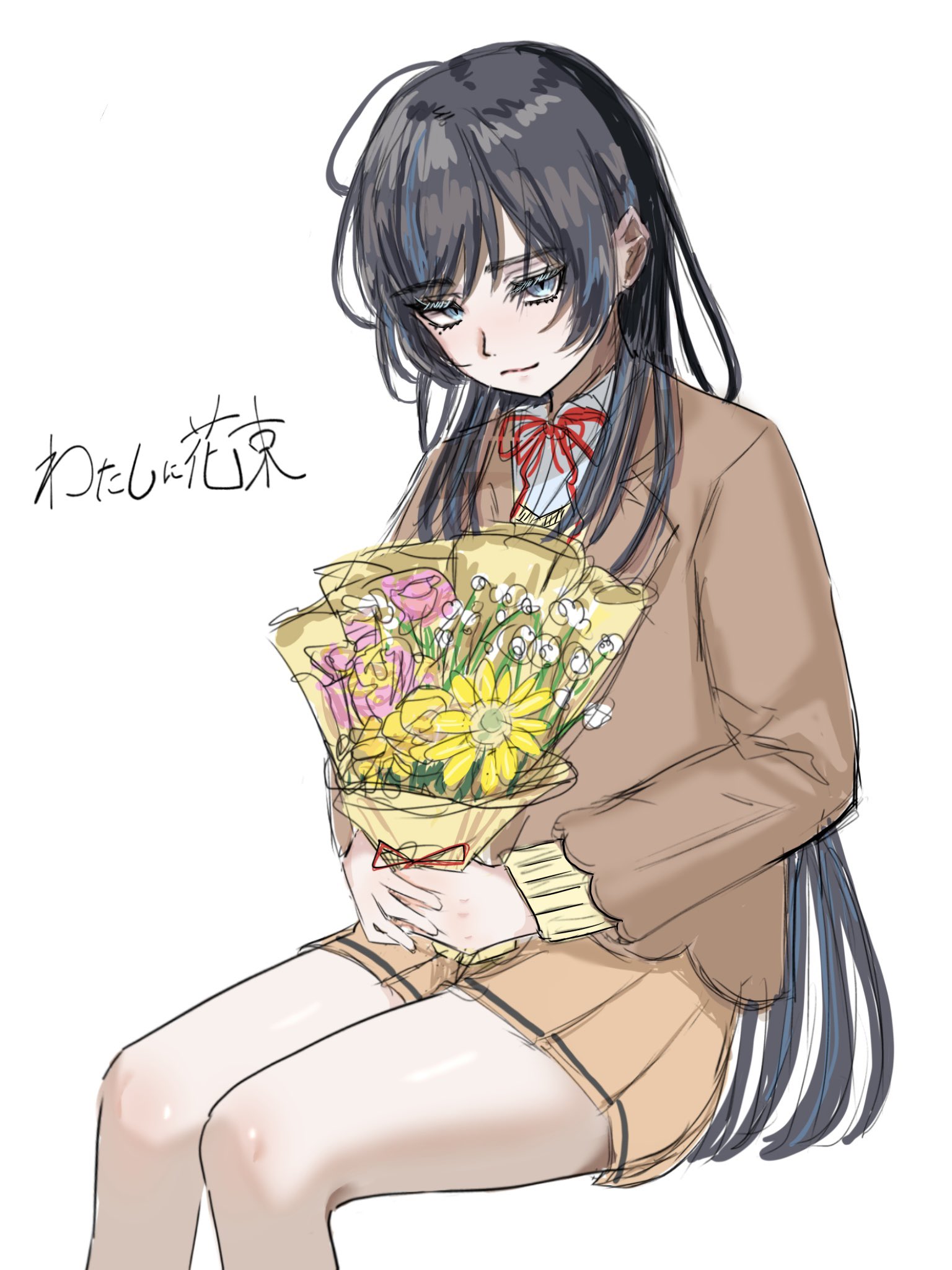chando (ado), ado (utaite), commentary, highres, 1girl, black hair, blue eyes, bouquet, brown shirt, brown skirt, flower, fukase (ki16d6rjic81961), holding, holding bouquet, long hair, long sleeves, mole, mole under eye, neck ribbon, pleated skirt, red ribbon, ribbon, school uniform, shirt, simple background, skirt, solo, song name, utaite, white background