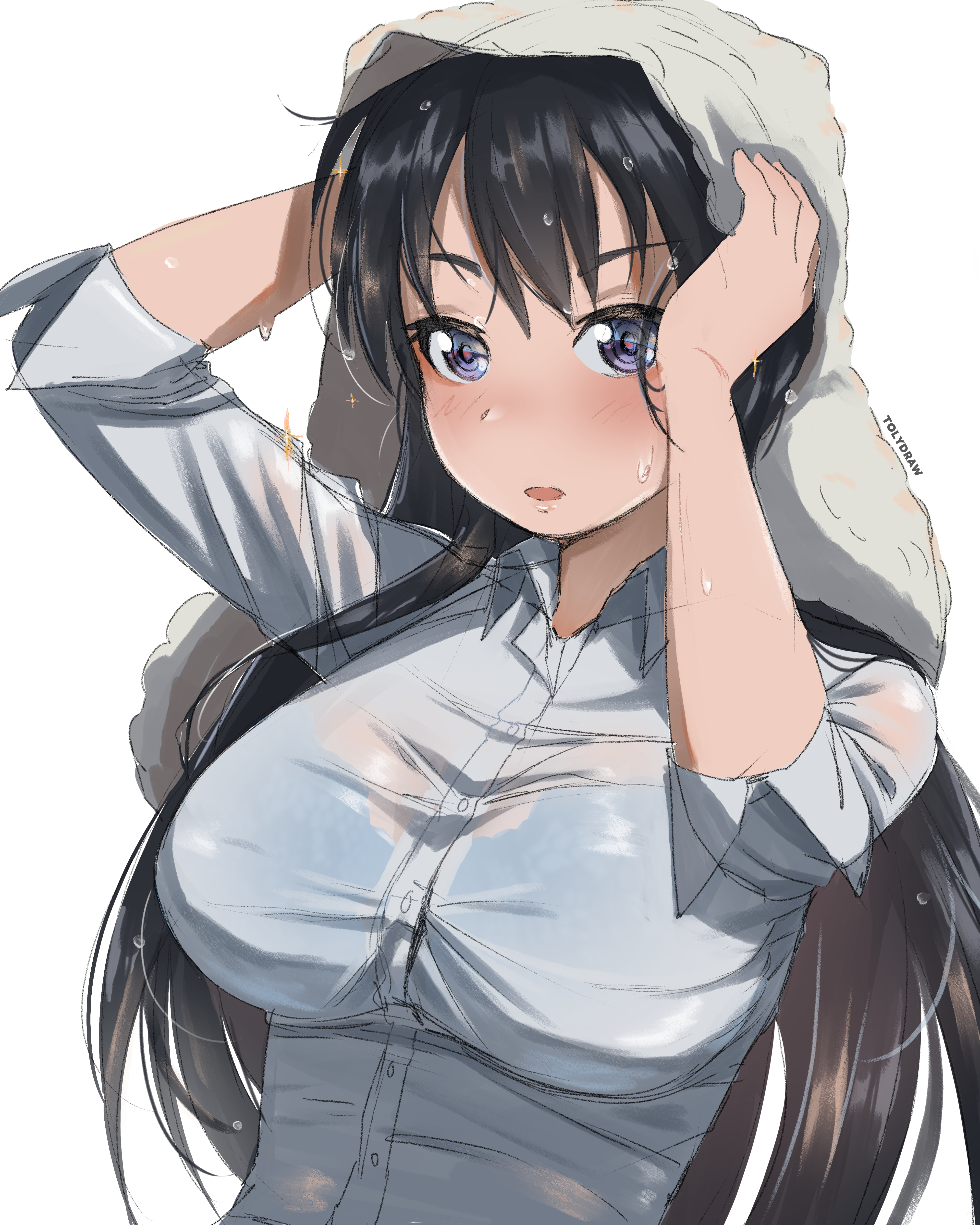tolydraw, arato nagi, ruri no houseki, absurdres, highres, 1girl, black bra, black hair, blush, bra, bra visible through clothes, breasts, collared shirt, large breasts, long hair, long sleeves, looking at viewer, open mouth, see-through clothes, shirt, sidelocks, simple background, solo, teeth, towel, underwear, upper teeth only, wet, wet clothes, wet shirt, white background, white shirt