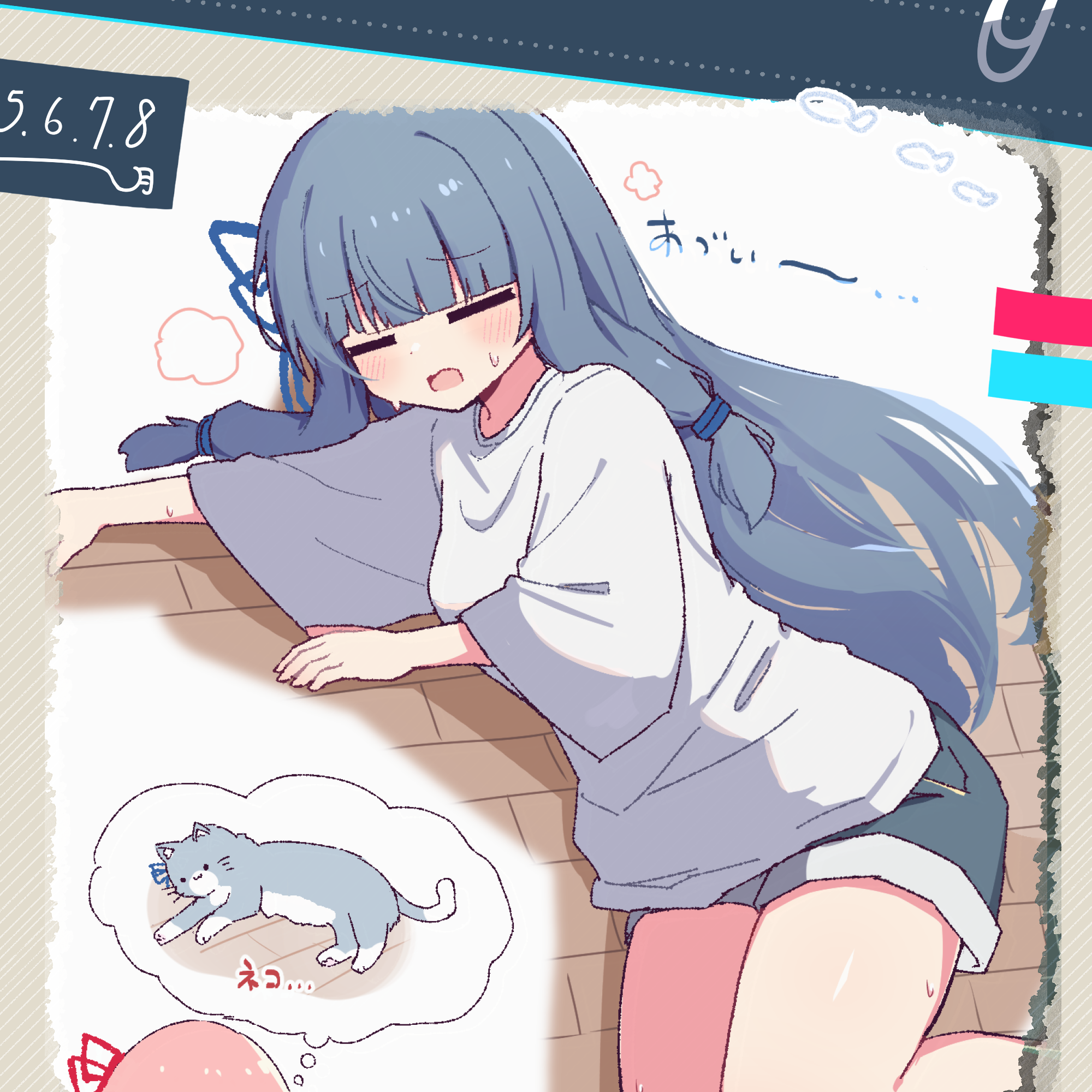 hibino 000, blue cat, kotonoha akane, kotonoha aoi, voiceroid, commentary, highres, translation request, 2girls, blue hair, blue ribbon, blue shorts, blunt bangs, blush, cat, closed eyes, dated, dated commentary, feet out of frame, hair ribbon, hot, long hair, long sleeves, lying, multiple girls, on side, open mouth, pink hair, red ribbon, ribbon, shirt, shorts, sidelocks, speech bubble, spoken animal, sweat, thought bubble, white background, white shirt, wide sleeves
