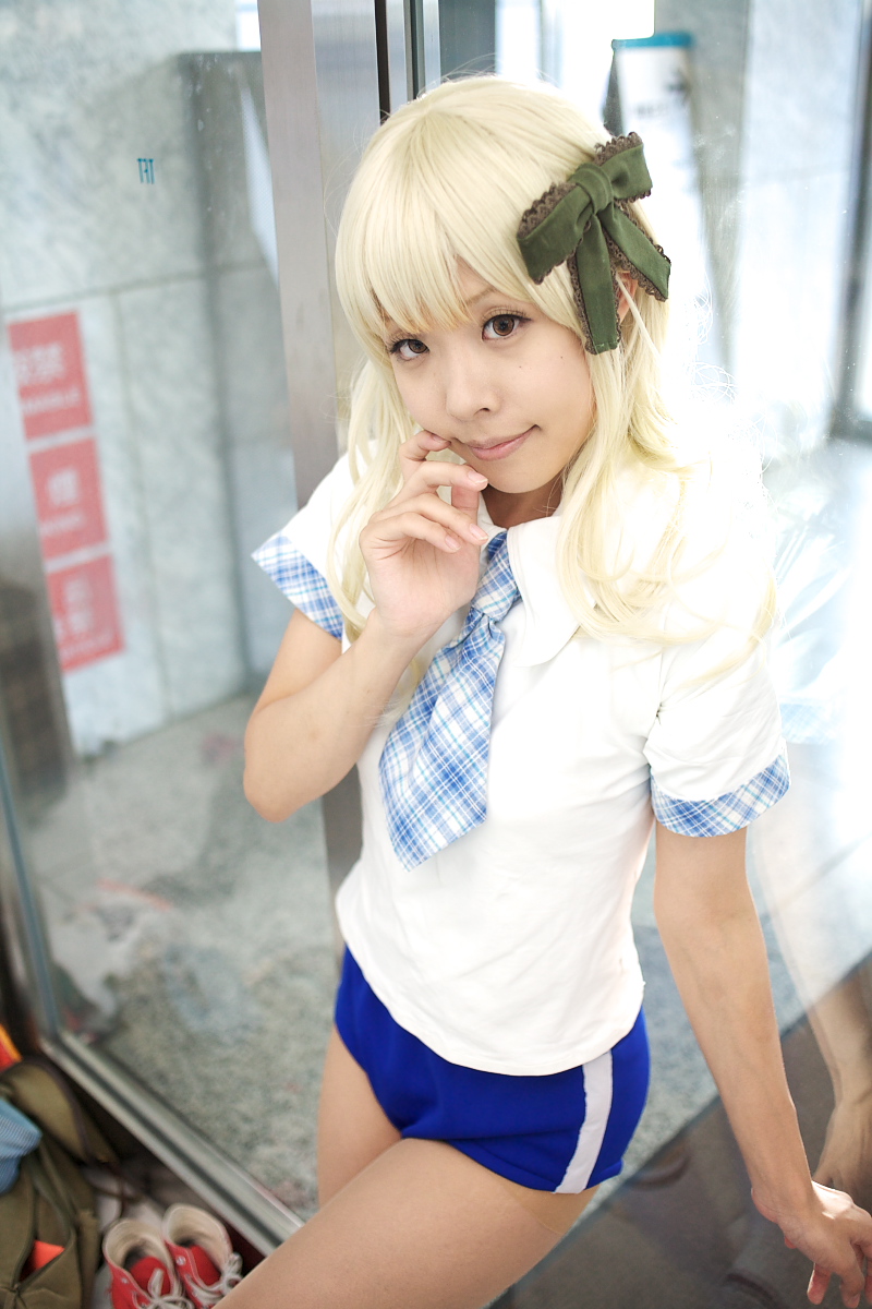 character request, highres, photo (medium), source request, blonde hair, bow, cosplay, gym uniform, hair bow, mariharu