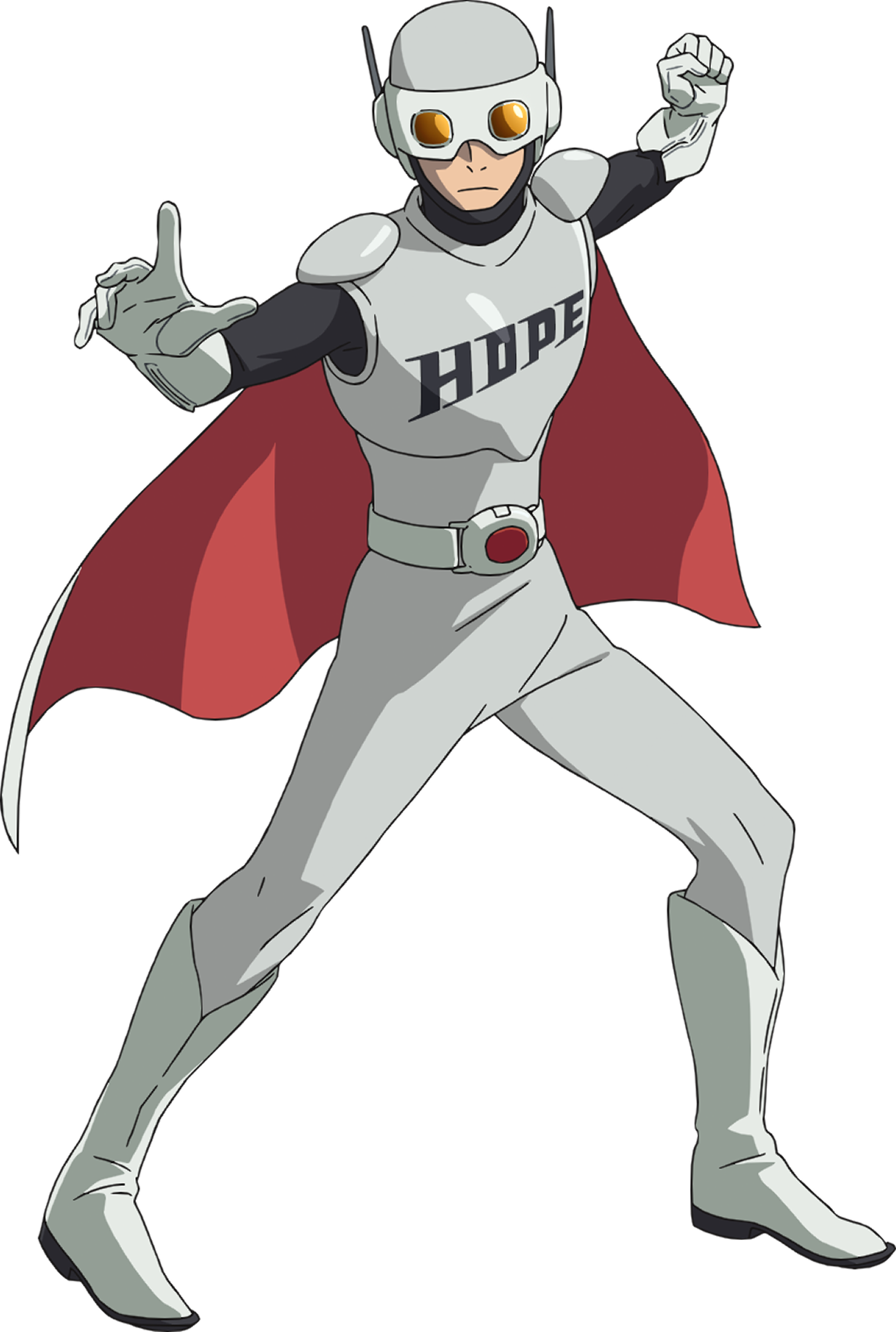 fujita shigeru, ganglion, highres, official art, 1boy, anime coloring, armor, arms up, belt, black shirt, bodysuit, boots, clenched hands, cloak, closed mouth, english text, fighting stance, full body, gloves, helmet, hopeman, long sleeves, looking at viewer, open hand, red cloak, shirt, simple background, solo, standing, tachi-e, transparent background, two-tone cloak, white armor, white belt, white bodysuit, white boots, white cloak, white gloves, white helmet