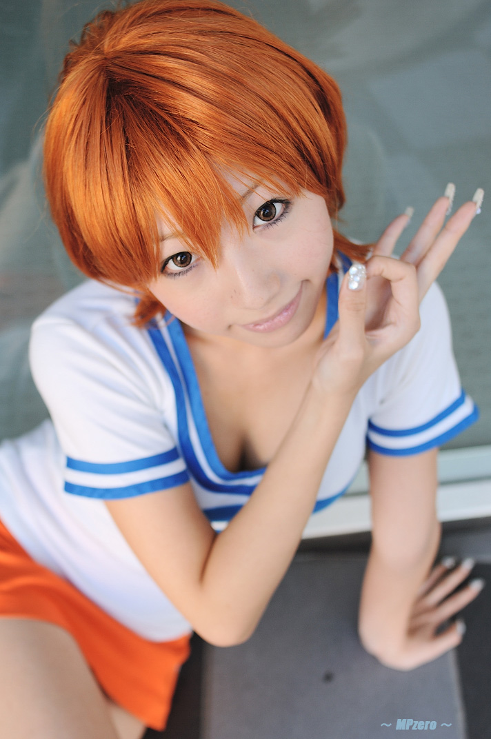 nami (one piece), nami (one piece) (east blue), one piece, real life, photo (medium), 1girl, asian, brown eyes, cosplay, female focus, miniskirt, nami (one piece) (cosplay), orange hair, shiriru, shirt, skirt, solo, striped clothes, striped shirt, t-shirt