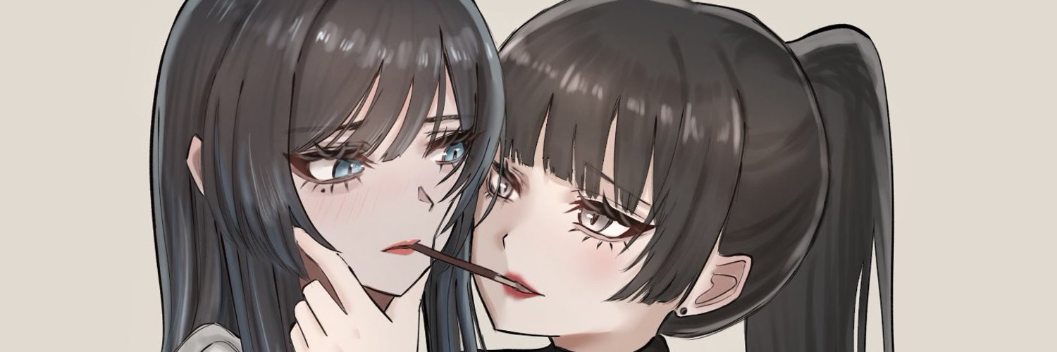 chando (ado), yoshino (utaite), ado (utaite), cloud nine inc, bad source, twitter banner, 2girls, black eyes, black hair, blue eyes, blush, earrings, eye contact, food, fukase (ki16d6rjic81961), hand on another's cheek, hand on another's face, jewelry, looking at another, multiple girls, pocky, pocky kiss, ponytail, shared food, simple background, stud earrings, upper body, utaite, white background, yuri