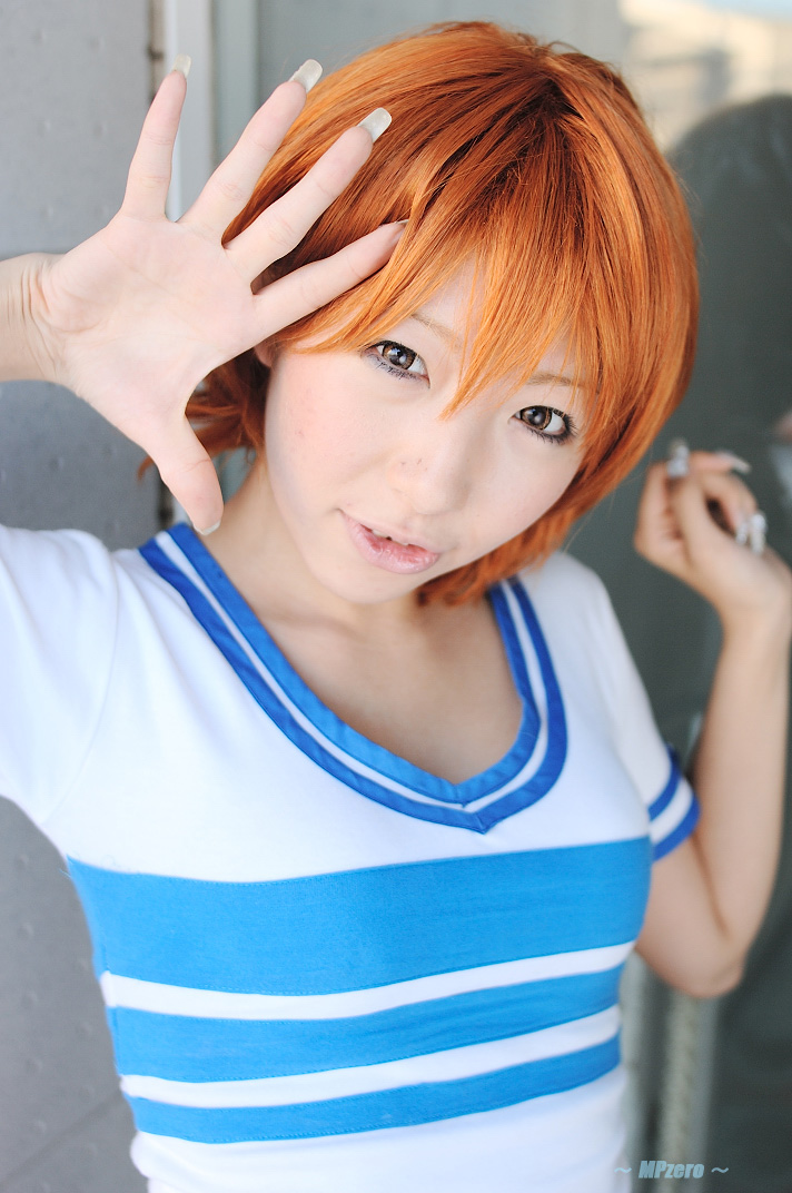 nami (one piece), nami (one piece) (east blue), one piece, real life, photo (medium), 1girl, asian, cosplay, female focus, nami (one piece) (cosplay), orange hair, shiriru, shirt, solo, striped clothes, striped shirt, t-shirt, upper body