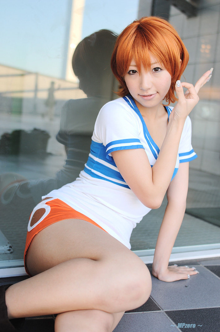 nami (one piece), nami (one piece) (east blue), one piece, real life, photo (medium), 1girl, asian, boots, cosplay, female focus, miniskirt, nami (one piece) (cosplay), orange hair, shiriru, shirt, sitting, skirt, solo, striped clothes, striped shirt, t-shirt