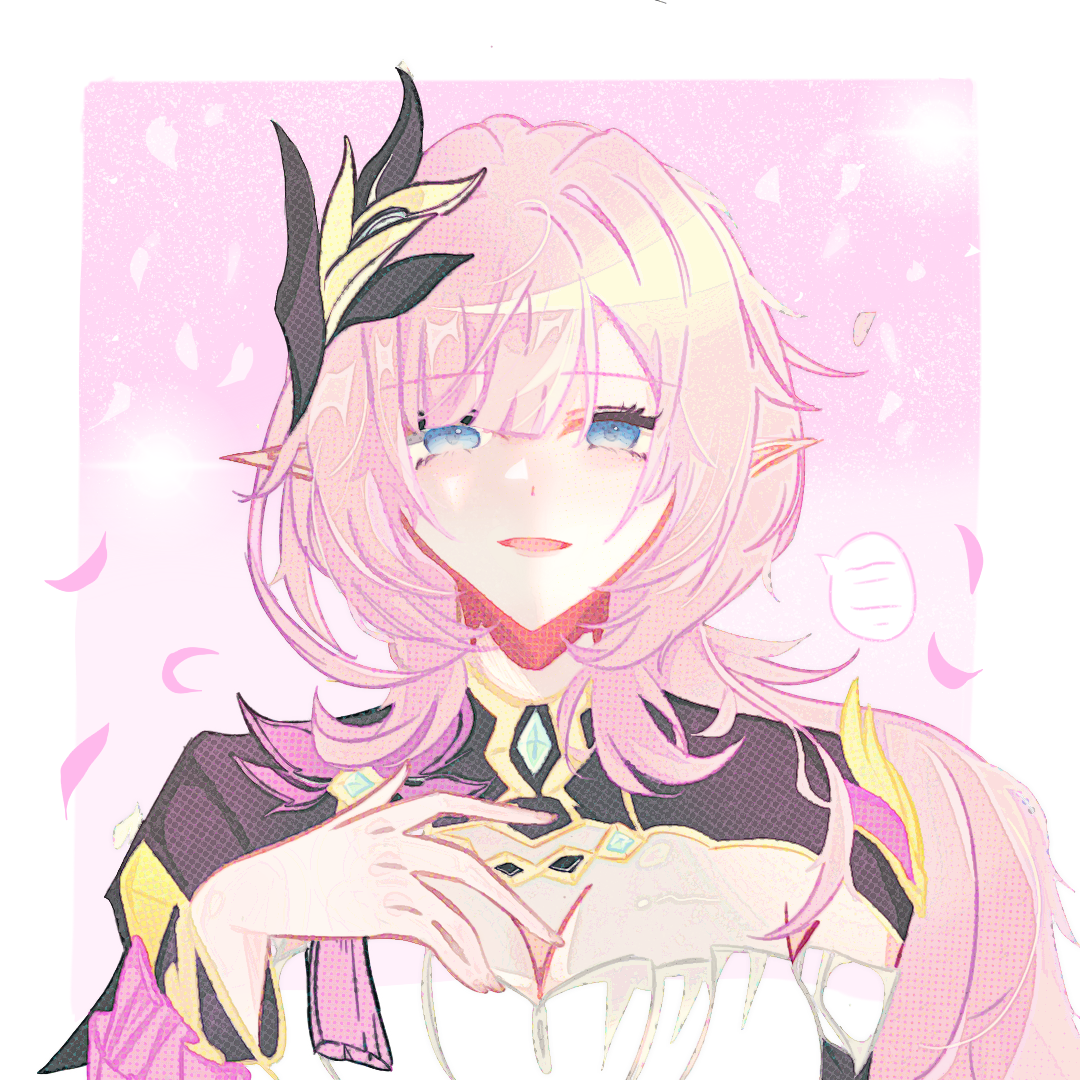 elysia (honkai impact), elysia (miss pink elf) (honkai impact), honkai (series), honkai impact 3rd, chinese commentary, commentary request, 1girl, abai563058, blue eyes, border, breasts, cleavage, corset, elf, falling petals, hair ornament, hand on own chest, large breasts, long hair, looking at viewer, parted lips, petals, pink background, pink hair, pointy ears, shrug (clothing), solo, upper body, very long hair, white border, white corset