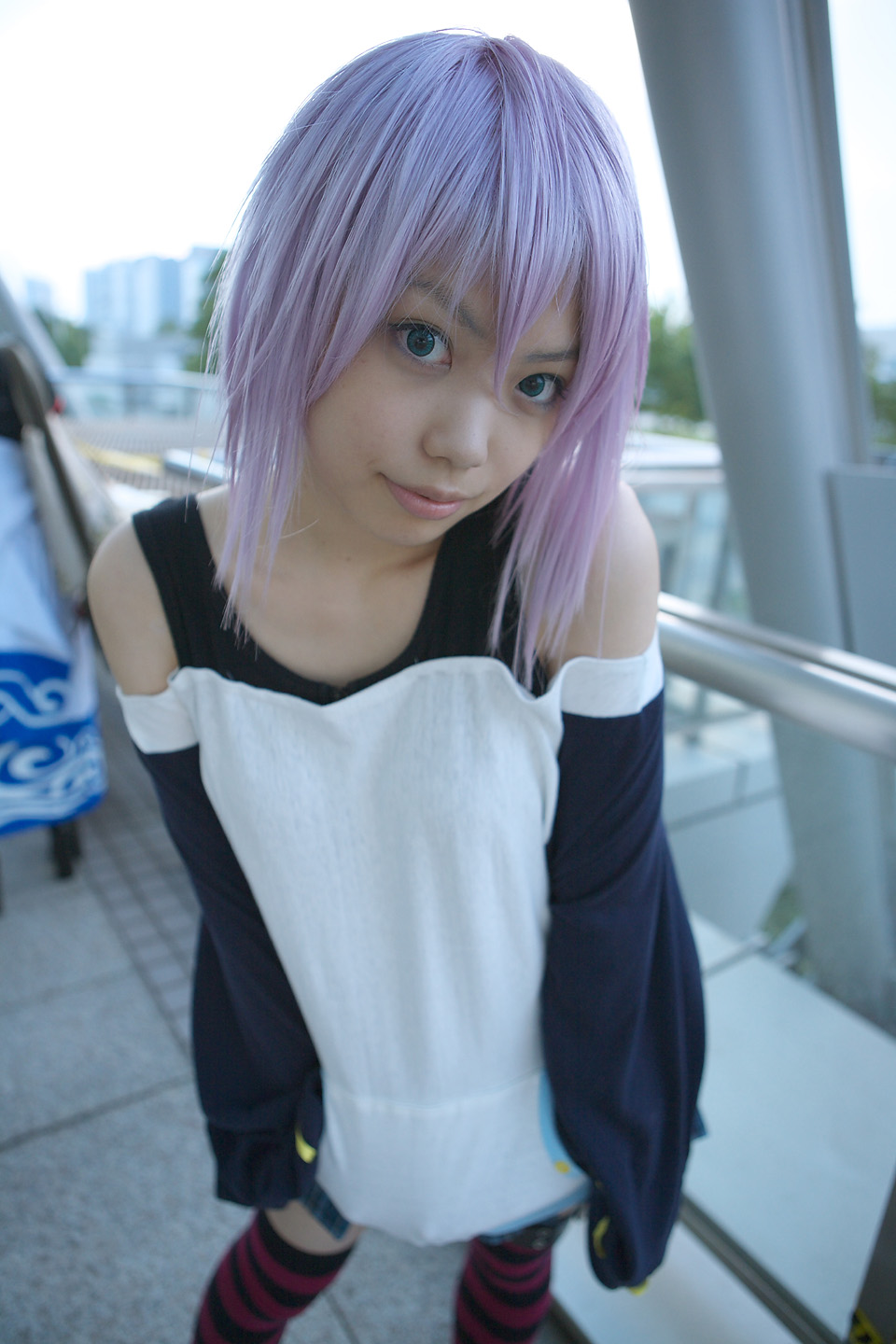 shirayuki mizore, rosario+vampire, striped, highres, photo (medium), cosplay, kaieda kae, purple hair, tank top, thighhighs