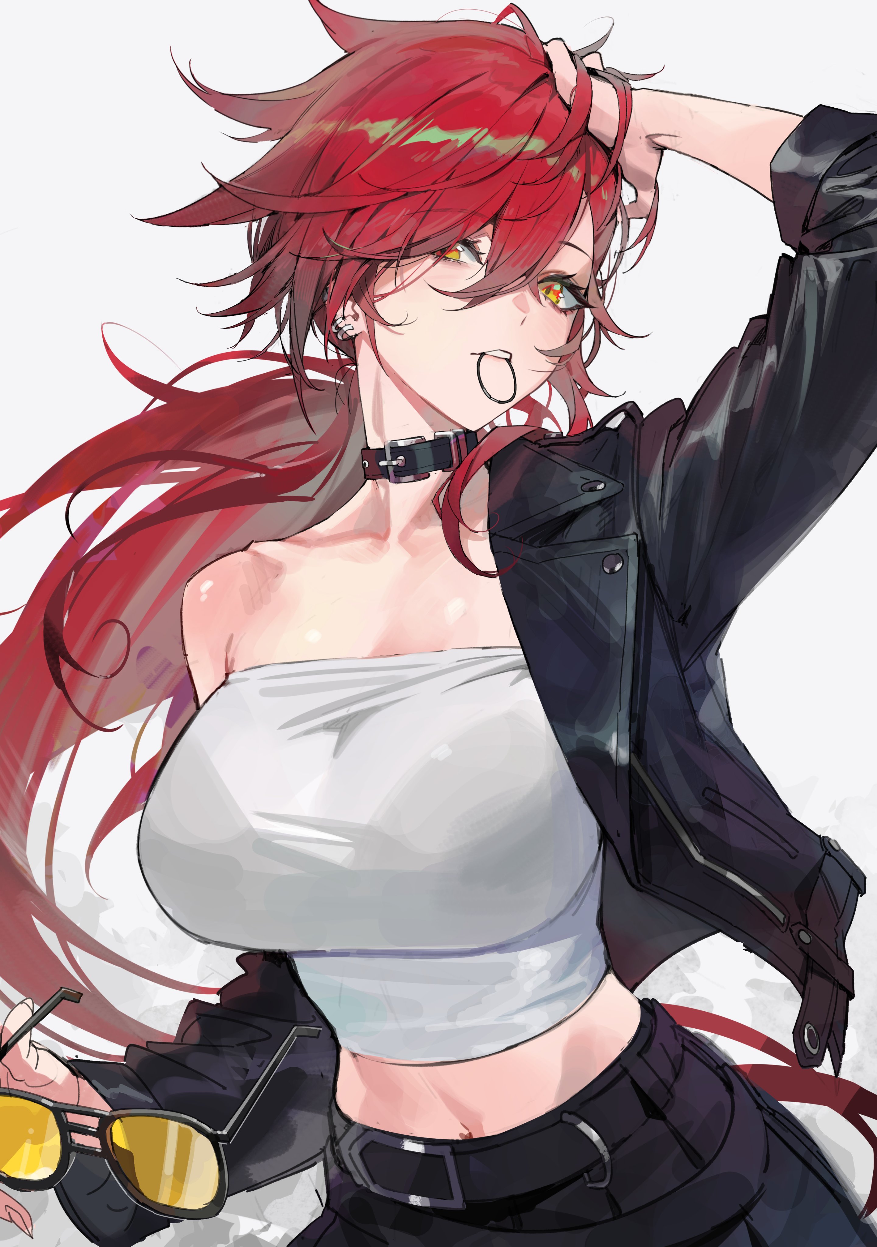 maenoo, aki (maenoo), original, absurdres, highres, 1girl, belt, choker, cowboy shot, earrings, hairband, hand in own hair, holding, holding removed eyewear, jacket, jewelry, leather, leather jacket, midriff peek, mouth hold, multiple piercings, open clothes, open jacket, ponytail, red hair, shirt, solo, strapless, sunglasses, tinted eyewear, tube top, unworn eyewear, white shirt, yellow-tinted eyewear, yellow eyes