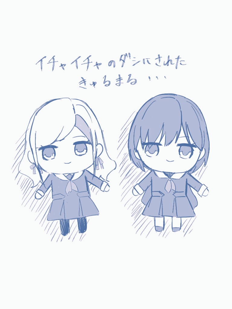 tikuwa l, ceras yanagida lilienfeld, katsuragi izumi, link! like! love live!, love live!, commentary request, translation request, 2girls, character doll, doll, dress, edel note, greyscale, hair ribbon, hasu no sora school uniform, hatching (texture), kyurumaru, linear hatching, long sleeves, medium dress, monochrome, multiple girls, pantyhose, pleated dress, ribbon, school uniform, shadow, simple background, smile, undershirt, virtual youtuber, white background, winter uniform