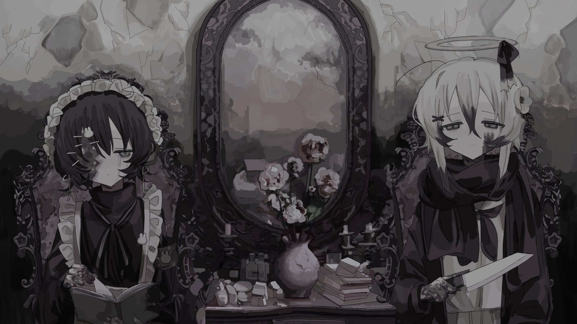 hen10, original, highres, 2girls, apron, bandages, bandaid, bandaid on cheek, bandaid on face, black eyes, black hair, black ribbon, book, book stack, bow, closed mouth, dress, expressionless, flower, frills, grey eyes, greyscale, hair between eyes, hair ornament, hairclip, half-closed eyes, halo, holding, holding book, holding knife, knife, long sleeves, looking at viewer, maid, maid apron, maid headdress, mirror, monochrome, multiple girls, neck ribbon, neckerchief, open book, pleated skirt, reflection, ribbon, sailor collar, scarf, school uniform, serafuku, shirt, short hair, sitting, skirt, skull hair ornament, upper body, white flower, white hair, x hair ornament