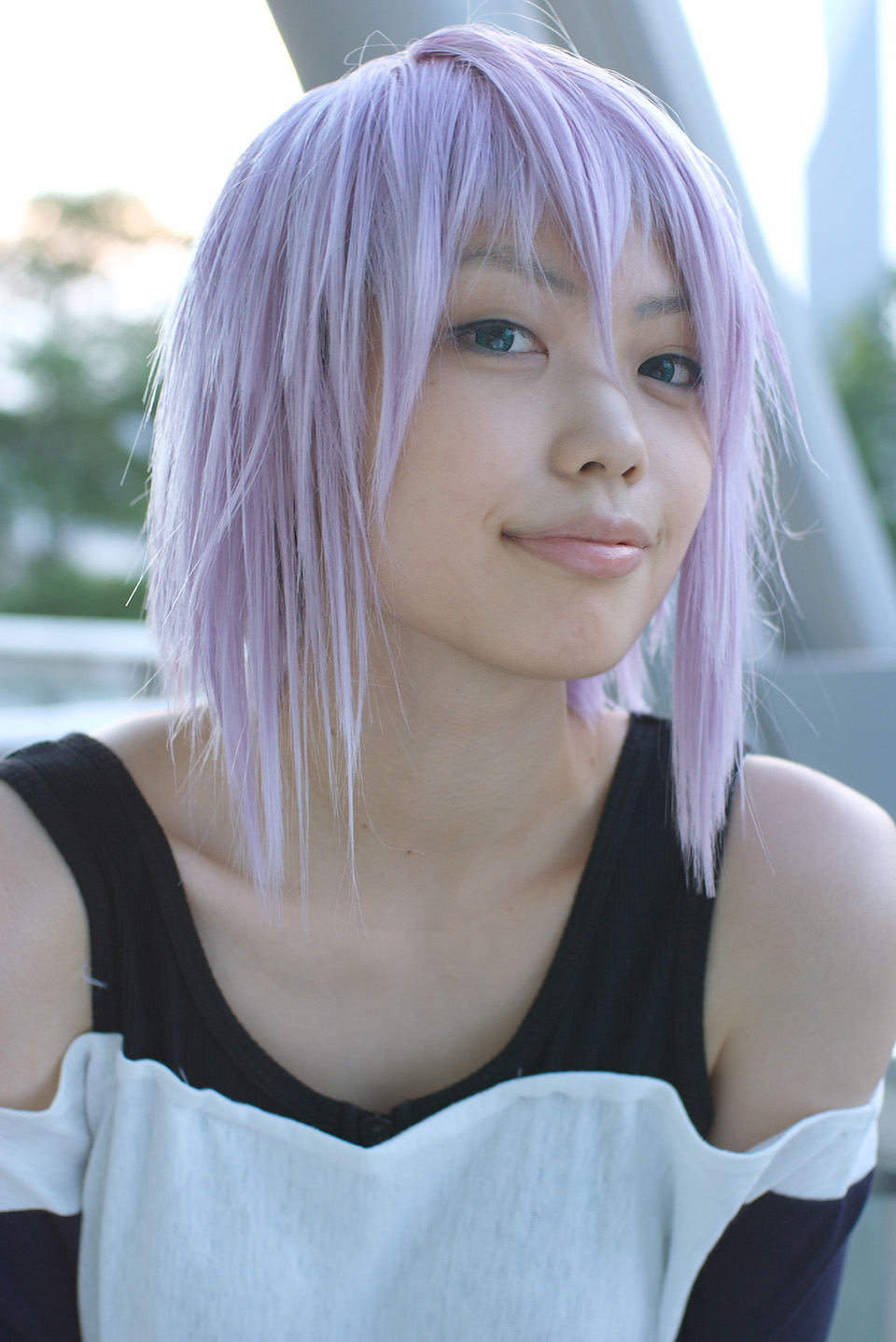 shirayuki mizore, rosario+vampire, highres, photo (medium), 1girl, cosplay, female focus, kaieda kae, looking at viewer, purple hair, solo, tank top