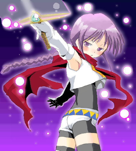 yagisaka seto, angelous lazward, sovereign (yagisaka seto), original, lowres, 1boy, braid, looking back, male focus, oekaki, outstretched arms, pointing, purple hair, scarf, solo, spread arms, sword, thighhighs, trap, weapon