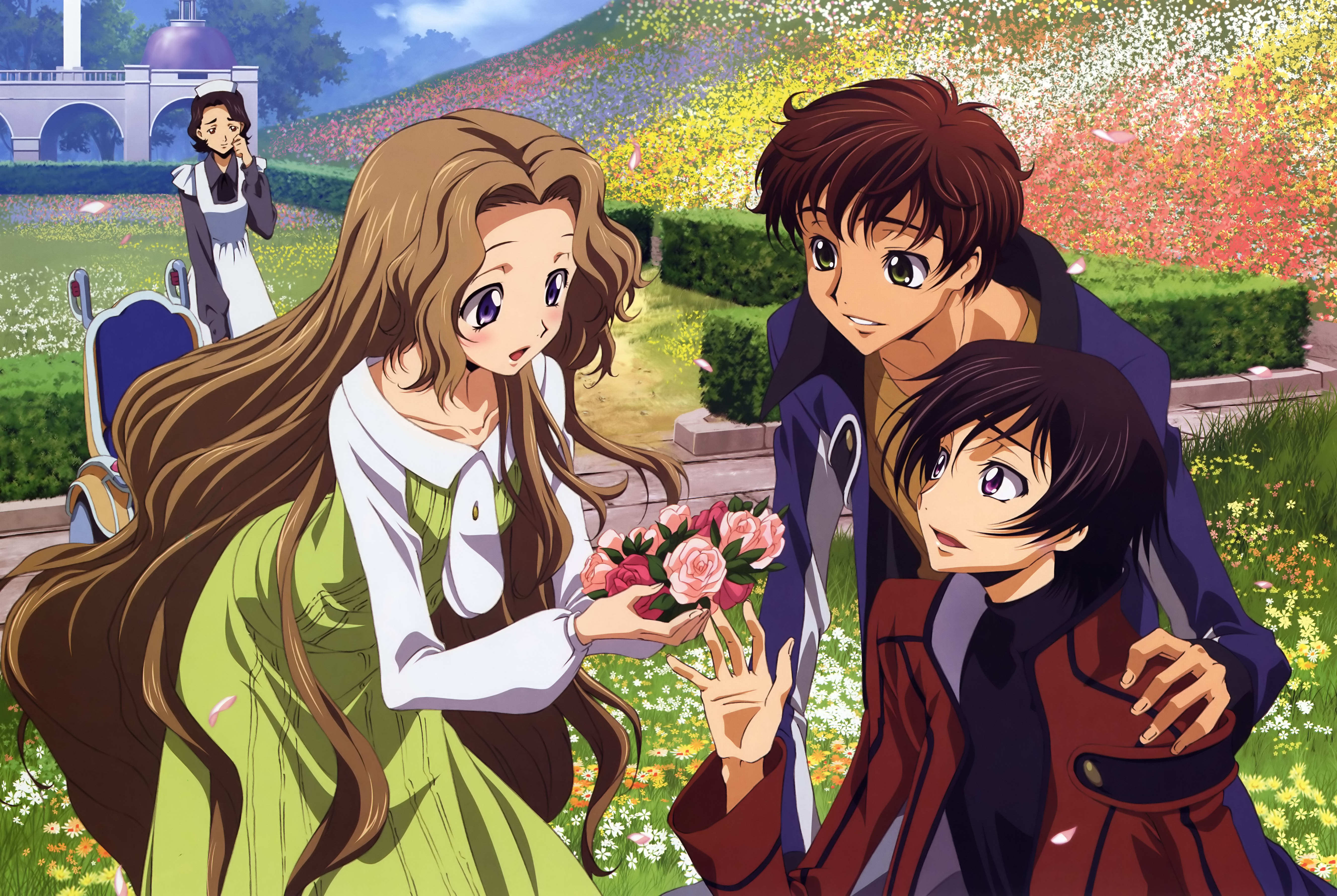 mataga daisuke, kururugi suzaku, lelouch vi britannia, nunnally vi britannia, shinozaki sayoko, code geass, newtype, absurdres, detexted, highres, official art, scan, third-party edit, 00s, 2boys, 2girls, blush, brown hair, flower, good end, long hair, multiple boys, multiple girls, pink rose, purple eyes, red rose, rose
