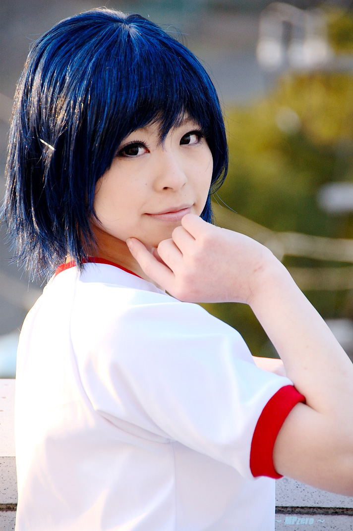 katou mari, photo (medium), blue hair, cosplay, gym uniform